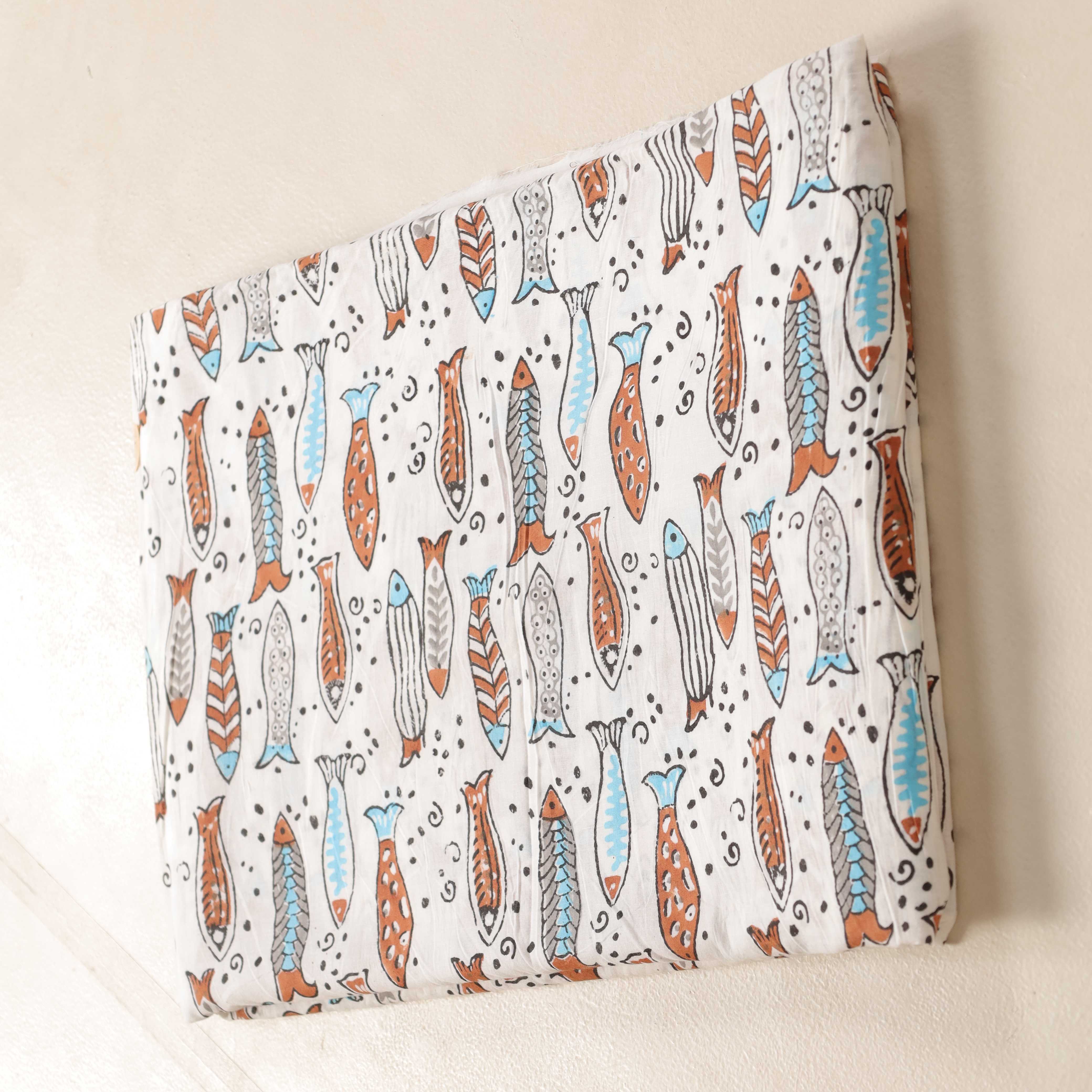 (1 Yard) Hand Block Printed Fish Motif Cotton Fabric - Multi-Color Indigo & Rust