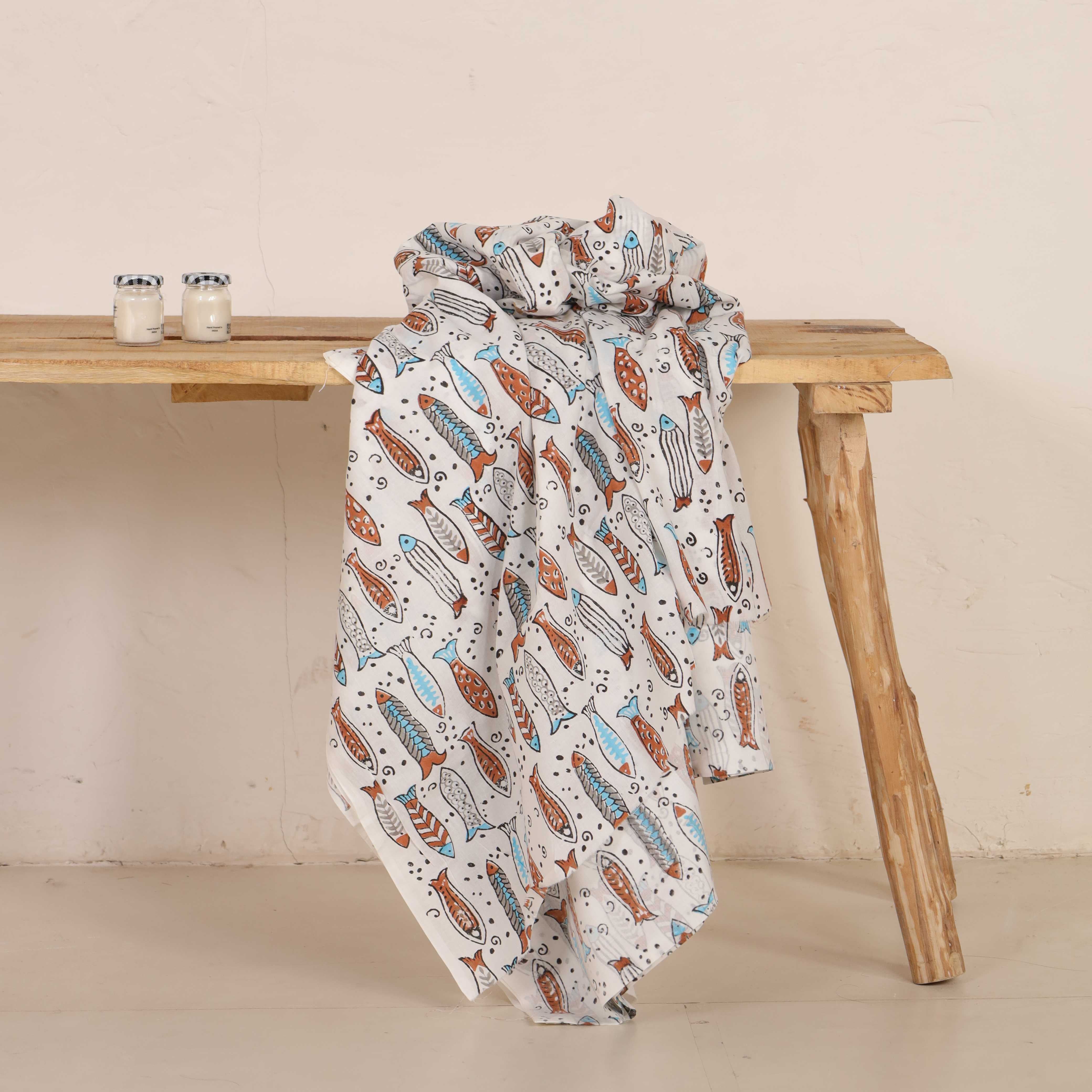 (1 Yard) Hand Block Printed Fish Motif Cotton Fabric - Multi-Color Indigo & Rust