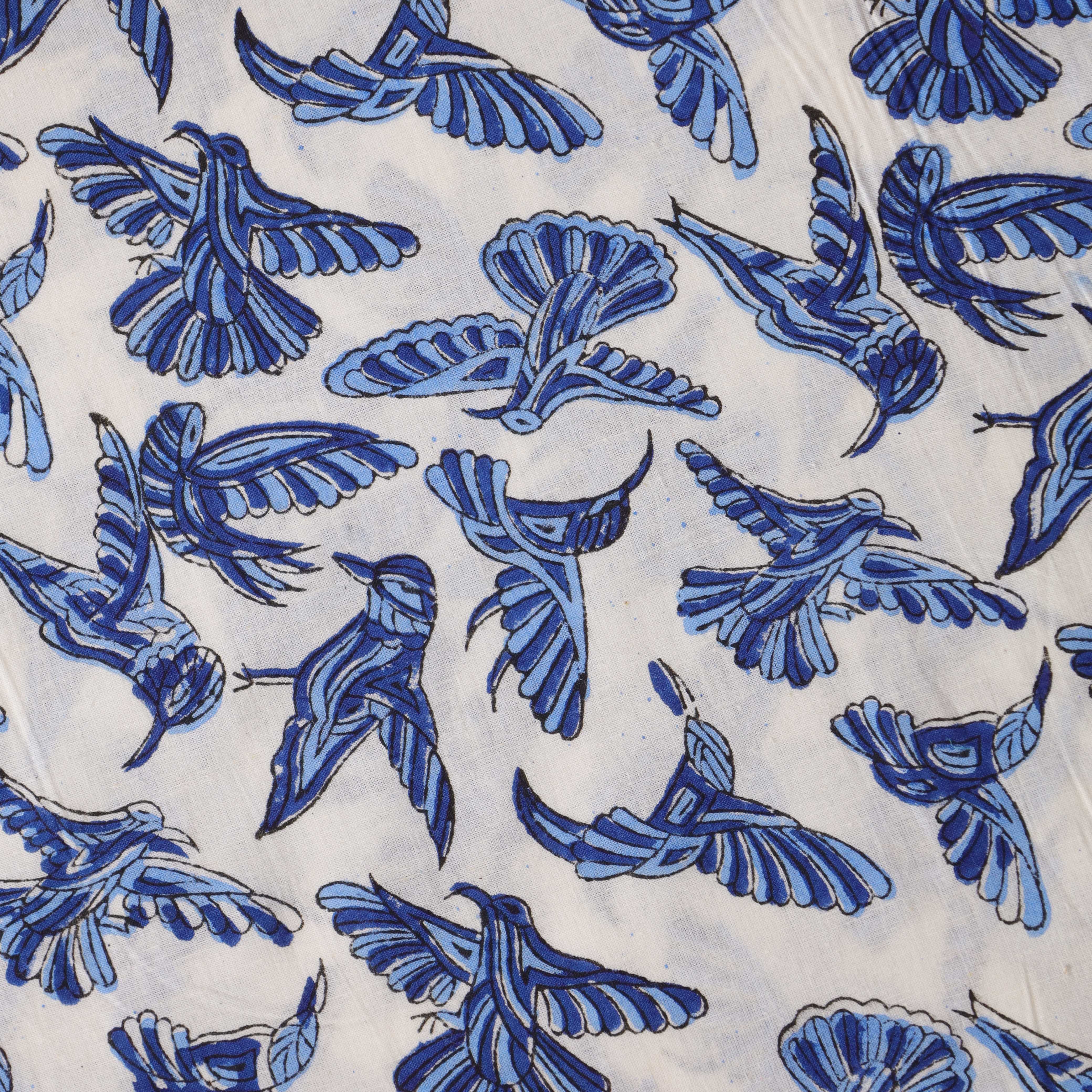 (1 Yard) Hand Block Printed Bird Motif Cotton Fabric - Azure & Cobalt Blue