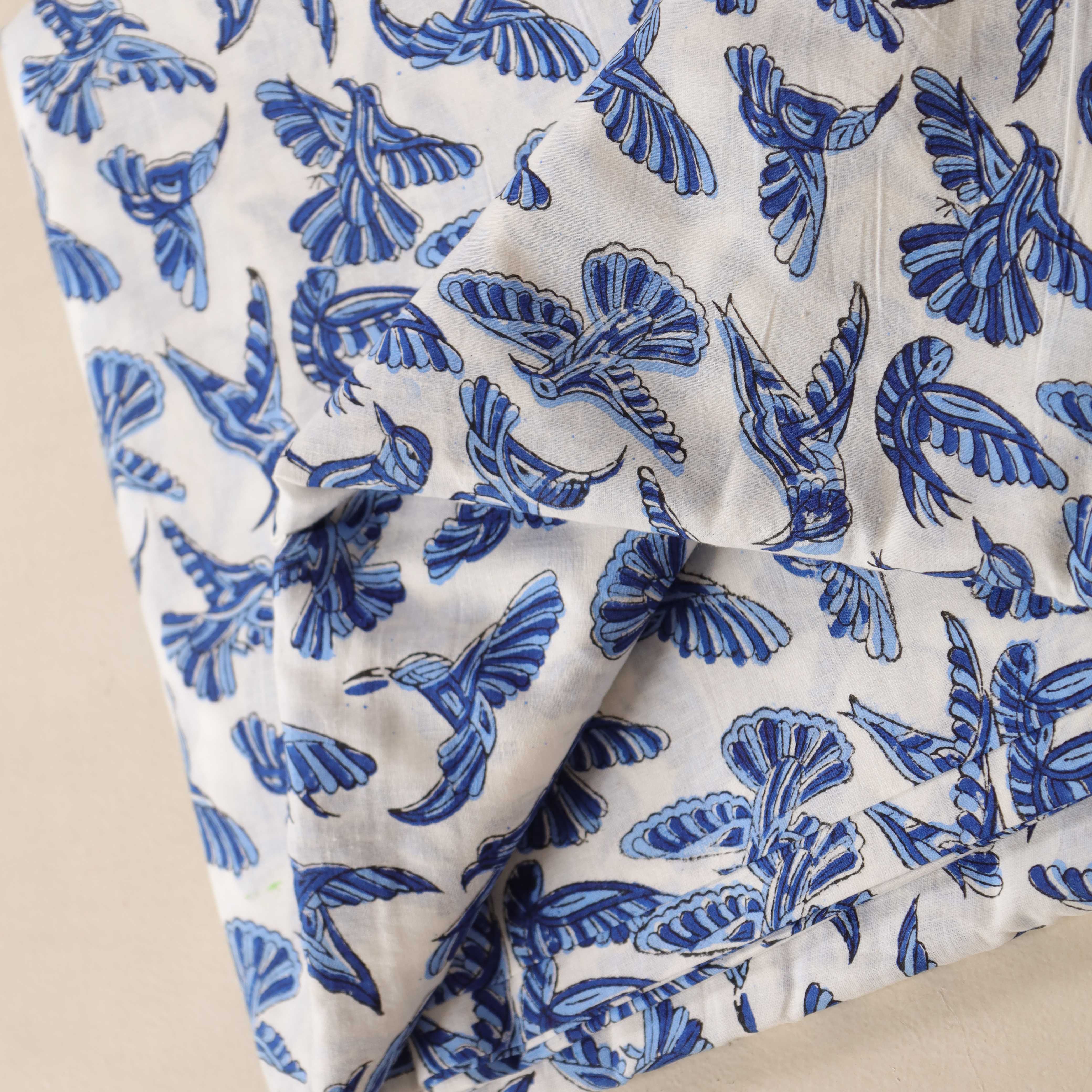 (1 Yard) Hand Block Printed Bird Motif Cotton Fabric - Azure & Cobalt Blue