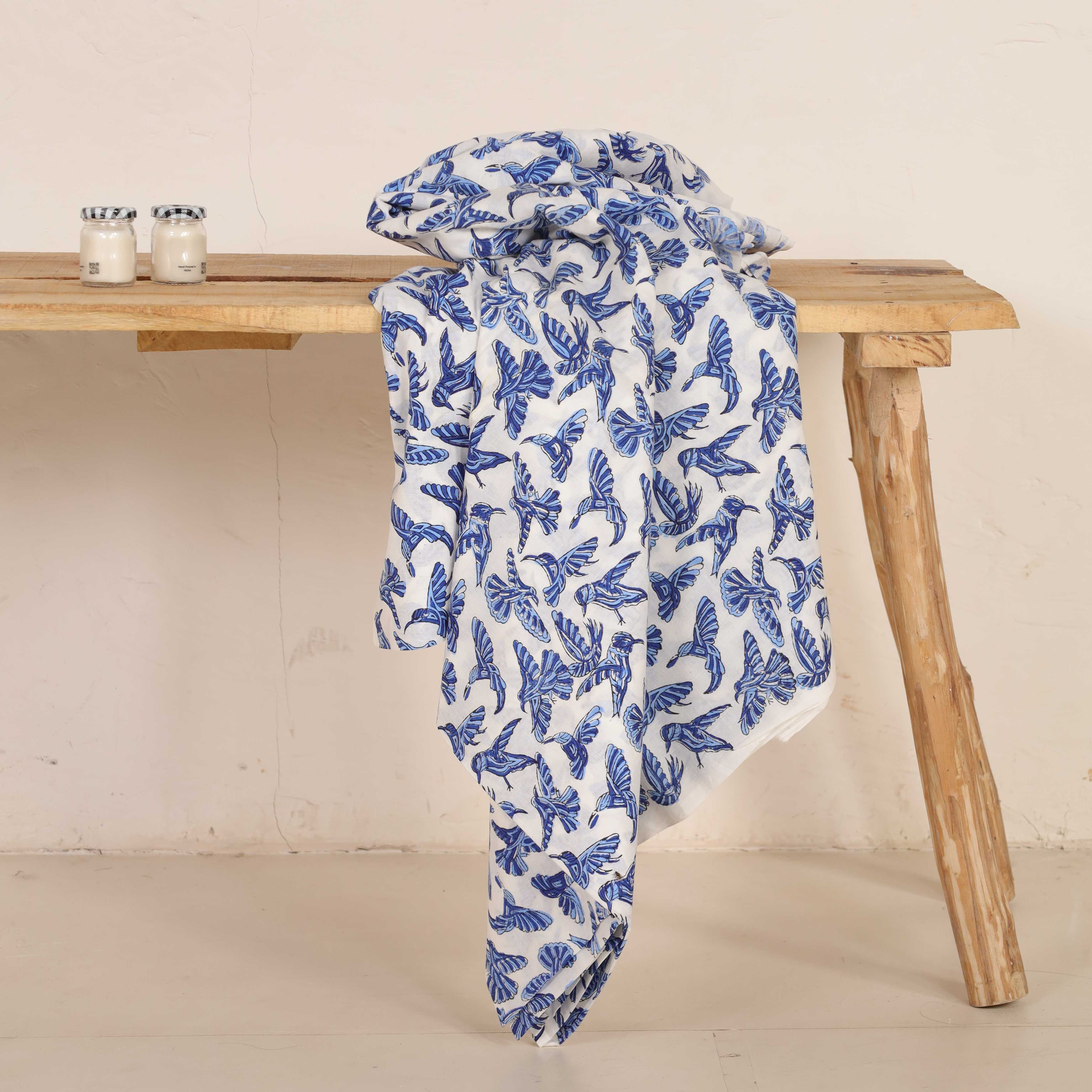 (1 Yard) Hand Block Printed Bird Motif Cotton Fabric - Azure & Cobalt Blue