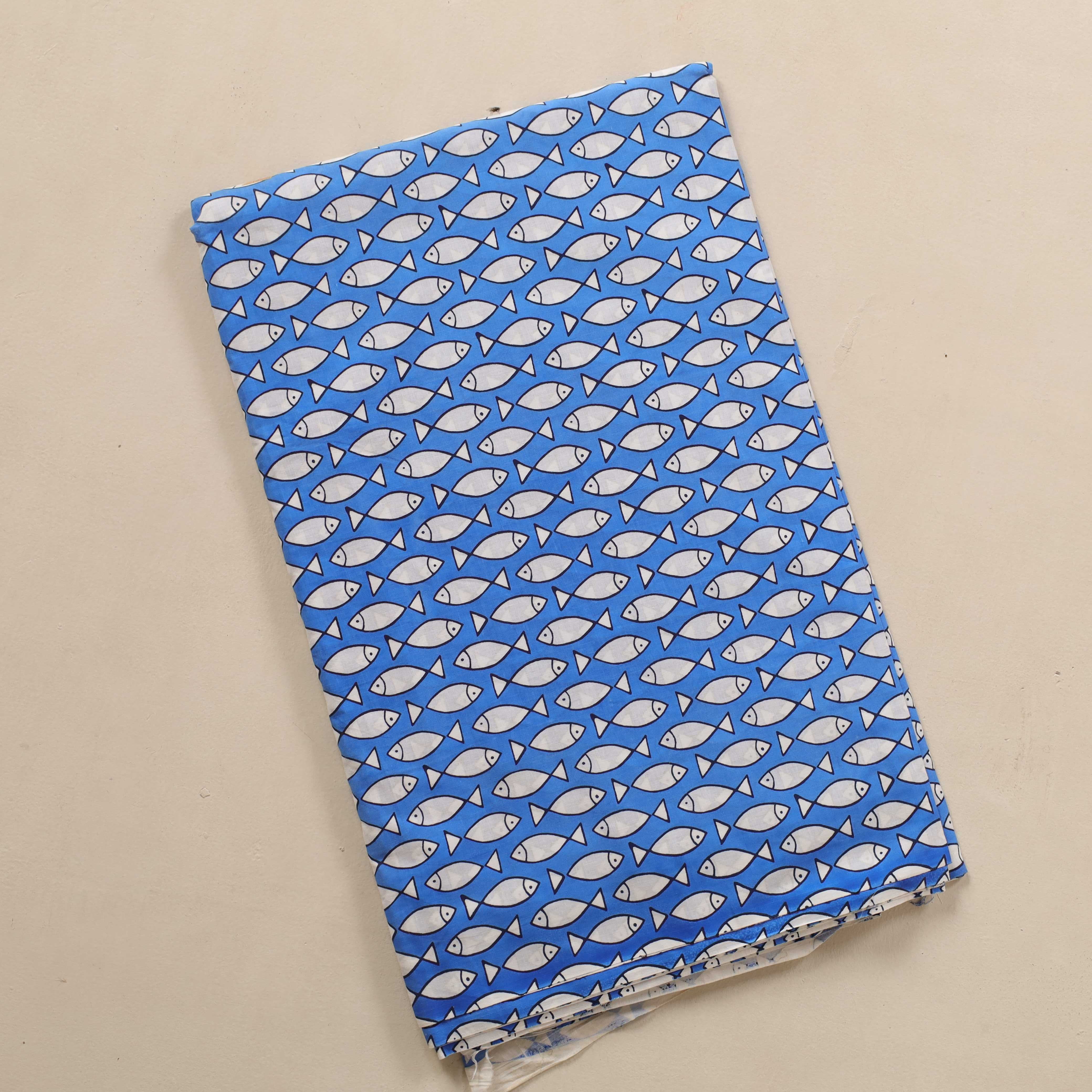 (1 Yard) Hand Block Printed Minimalist Fish Motif Cotton - Royal Blue