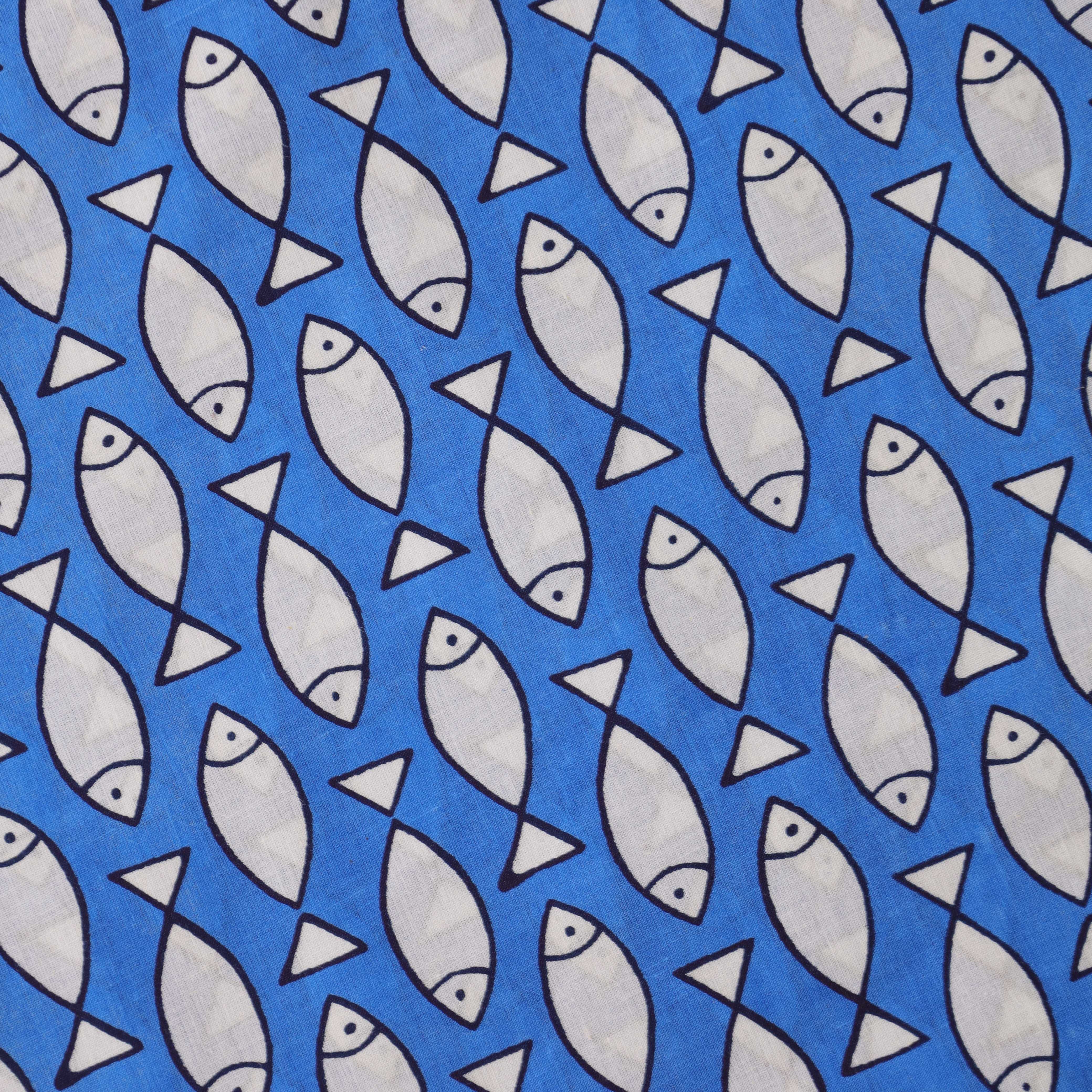(1 Yard) Hand Block Printed Minimalist Fish Motif Cotton - Royal Blue