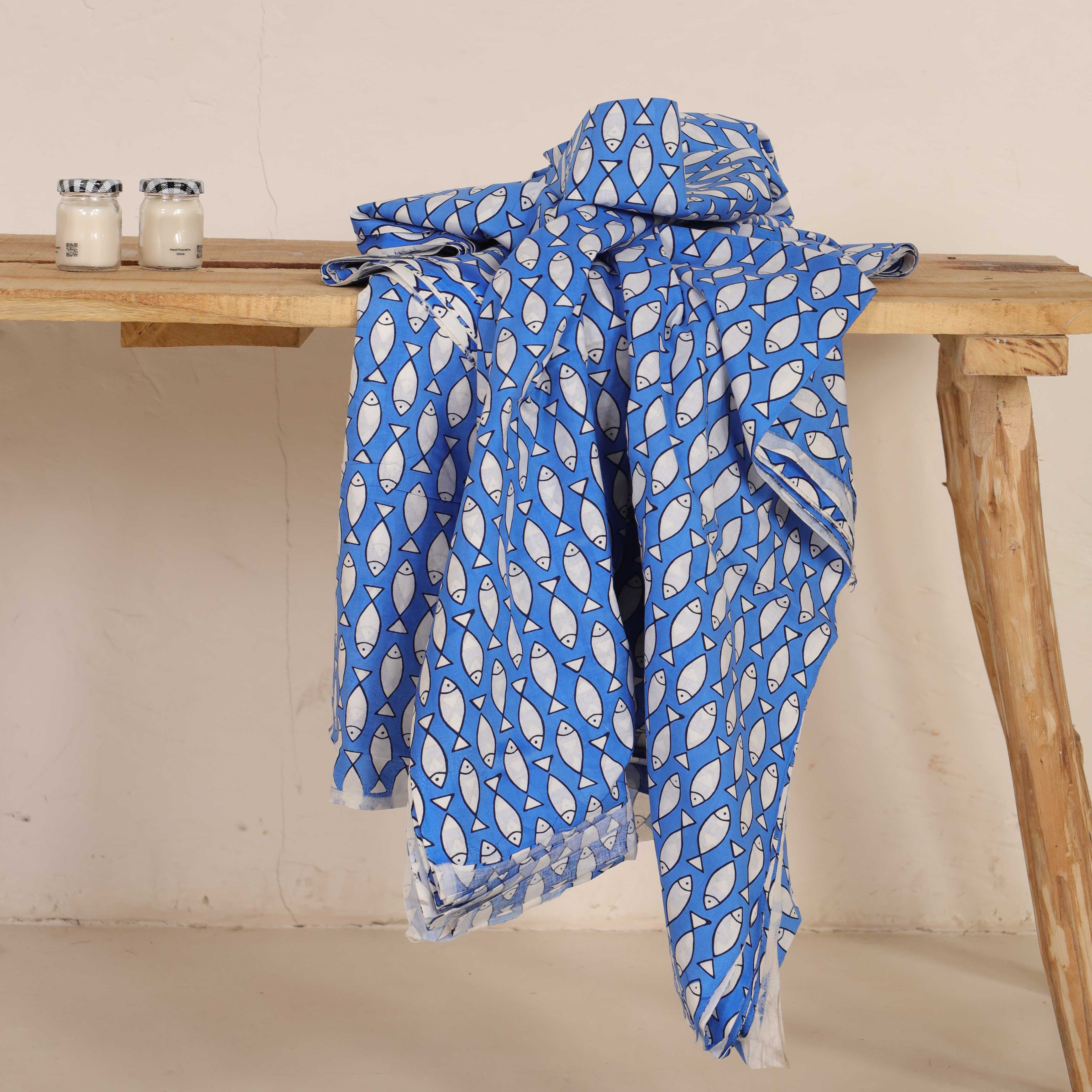 (1 Yard) Hand Block Printed Minimalist Fish Motif Cotton - Royal Blue