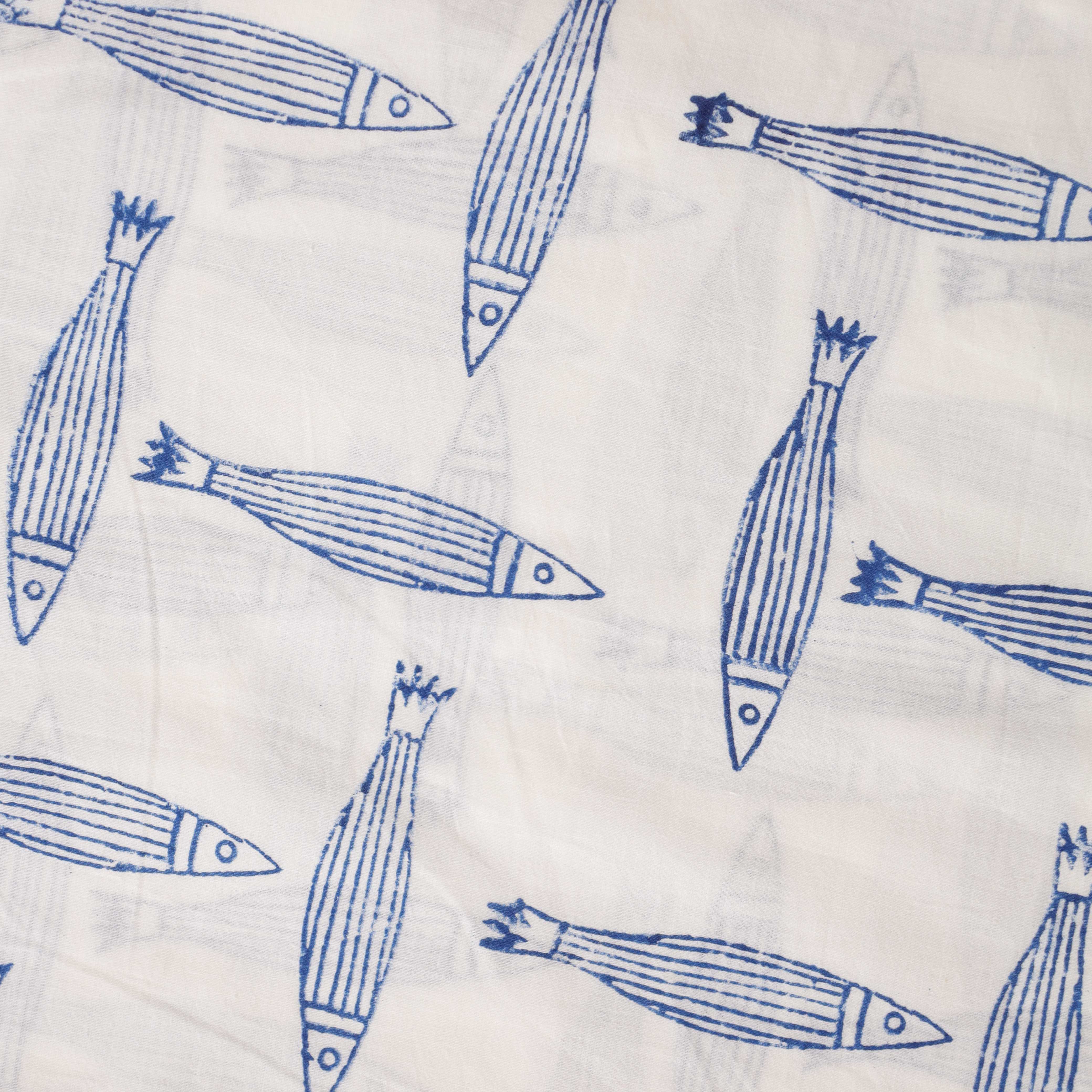 (1 Yard) Artisan Hand Block Printed Cotton Fabric - Ocean Life & Avian Collection