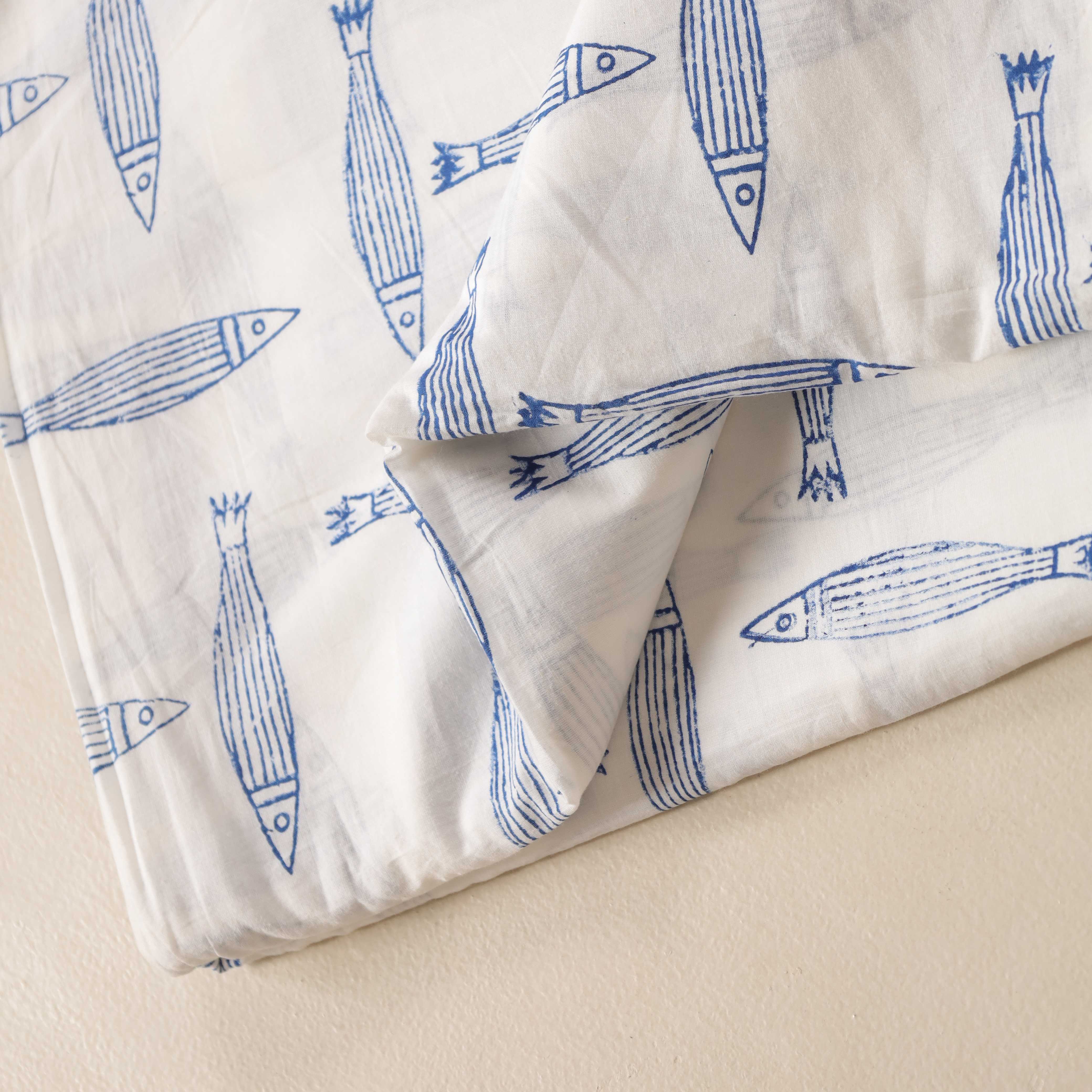 (1 Yard) Artisan Hand Block Printed Cotton Fabric - Ocean Life & Avian Collection