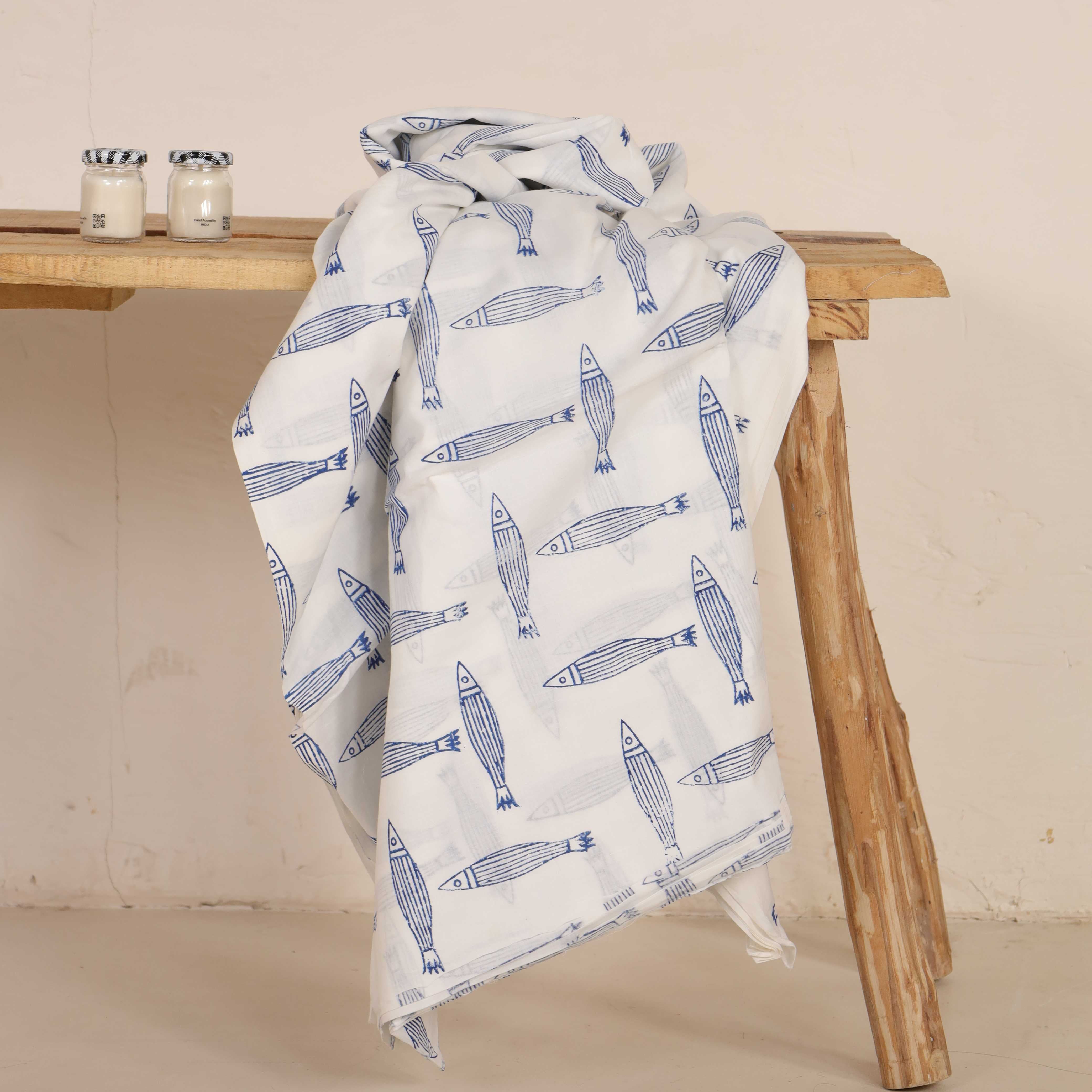 (1 Yard) Artisan Hand Block Printed Cotton Fabric - Ocean Life & Avian Collection