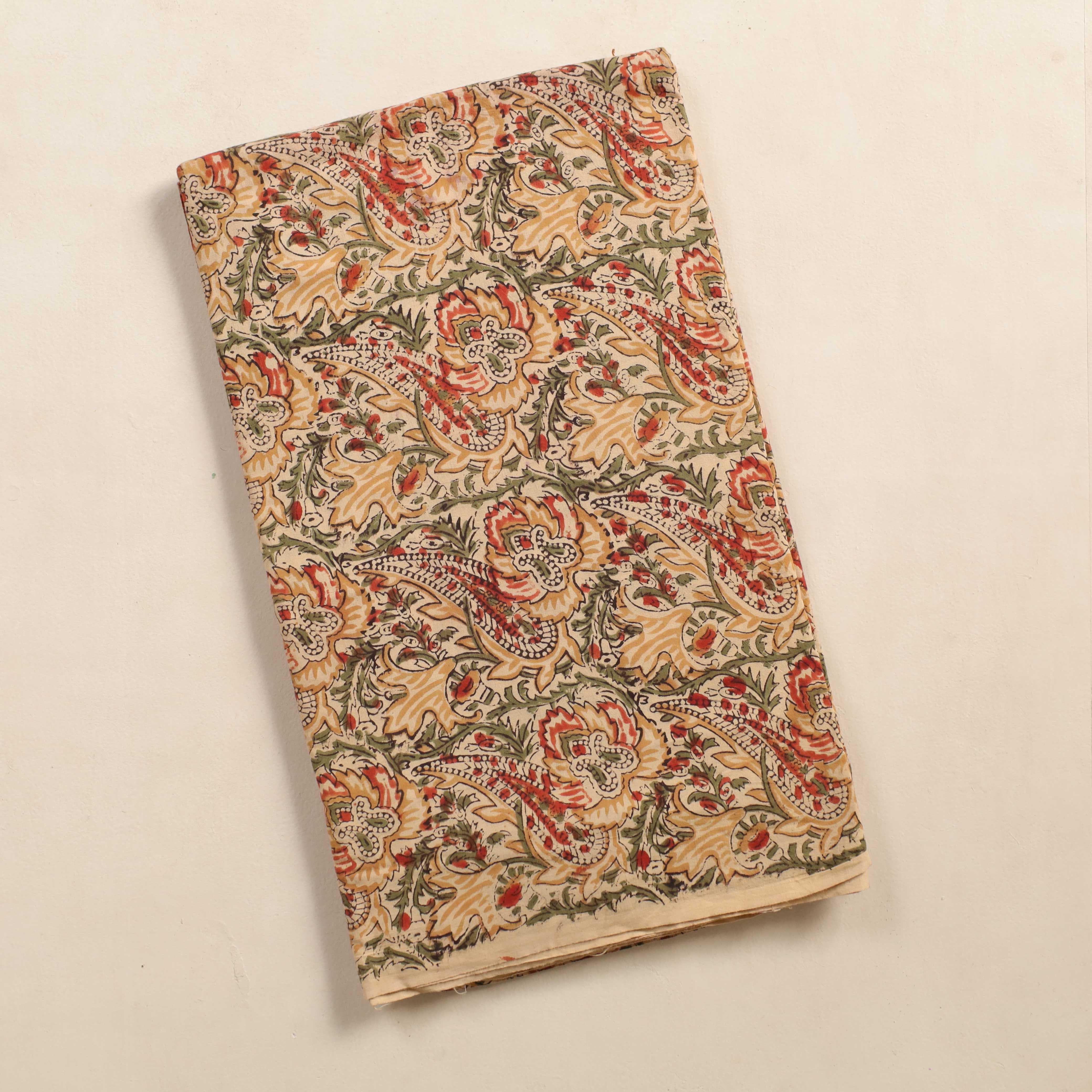 (1 Yard) Hand Block Printed Floral Paisley Cotton Fabric - Earthy Tones