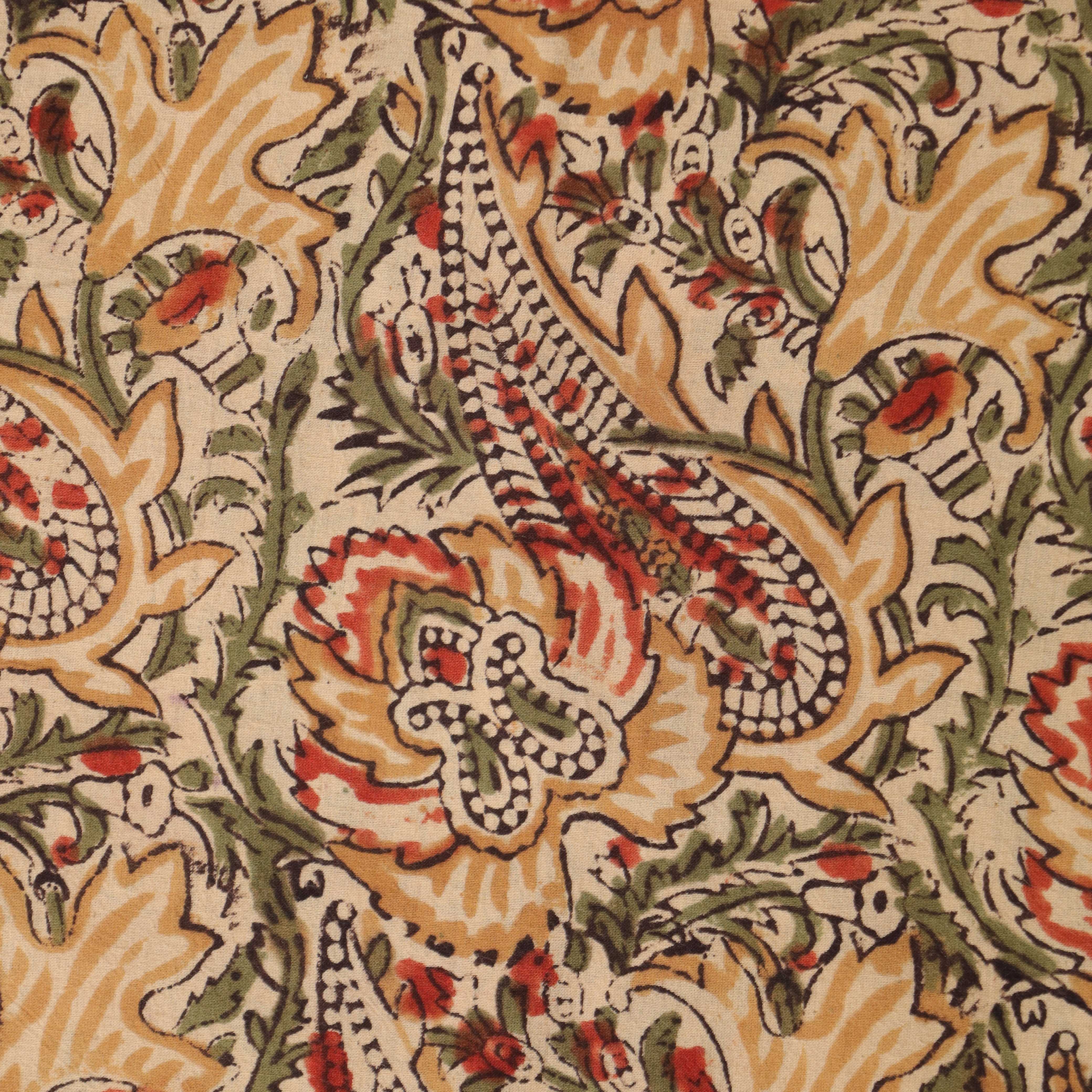 (1 Yard) Hand Block Printed Floral Paisley Cotton Fabric - Earthy Tones