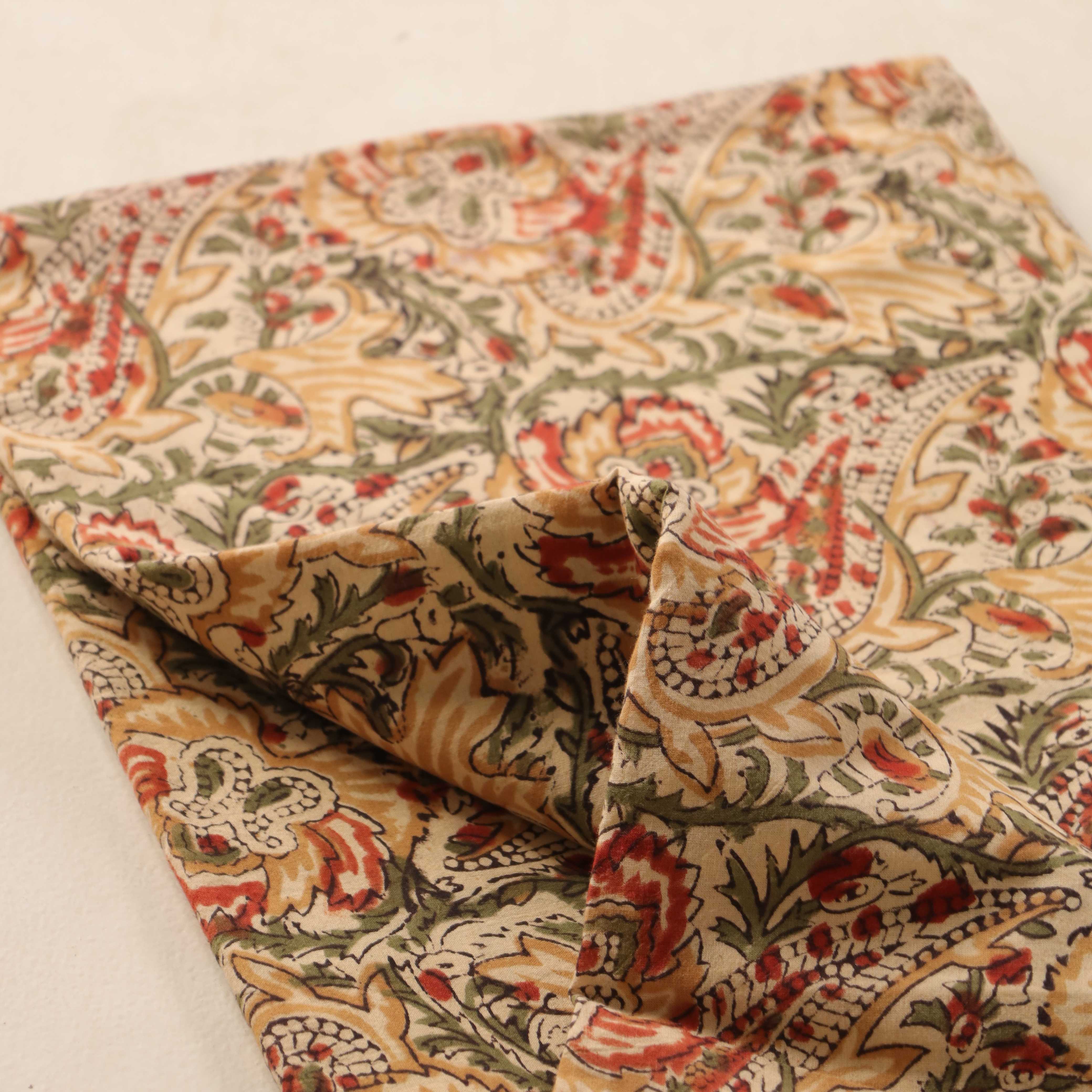 (1 Yard) Hand Block Printed Floral Paisley Cotton Fabric - Earthy Tones