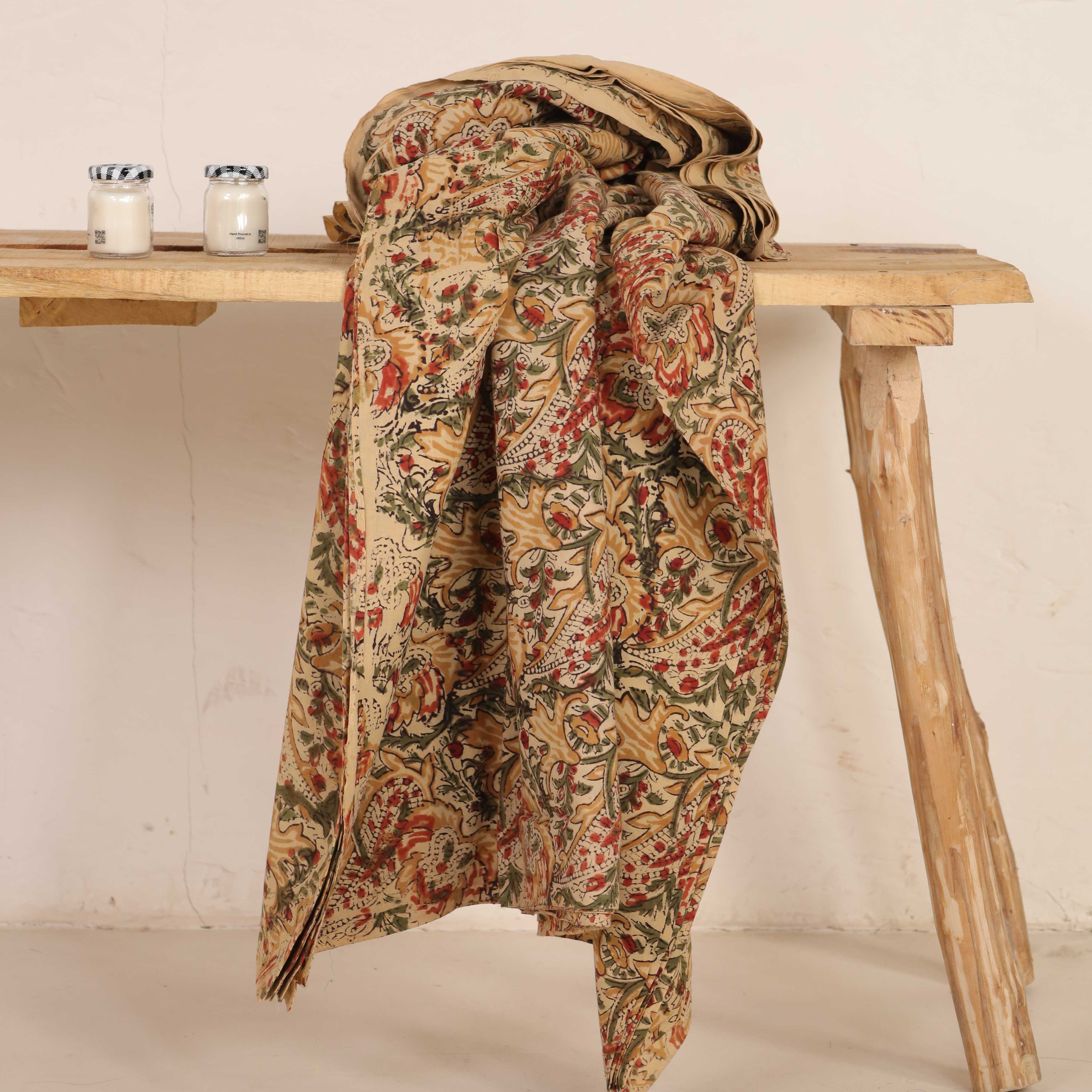 (1 Yard) Hand Block Printed Floral Paisley Cotton Fabric - Earthy Tones