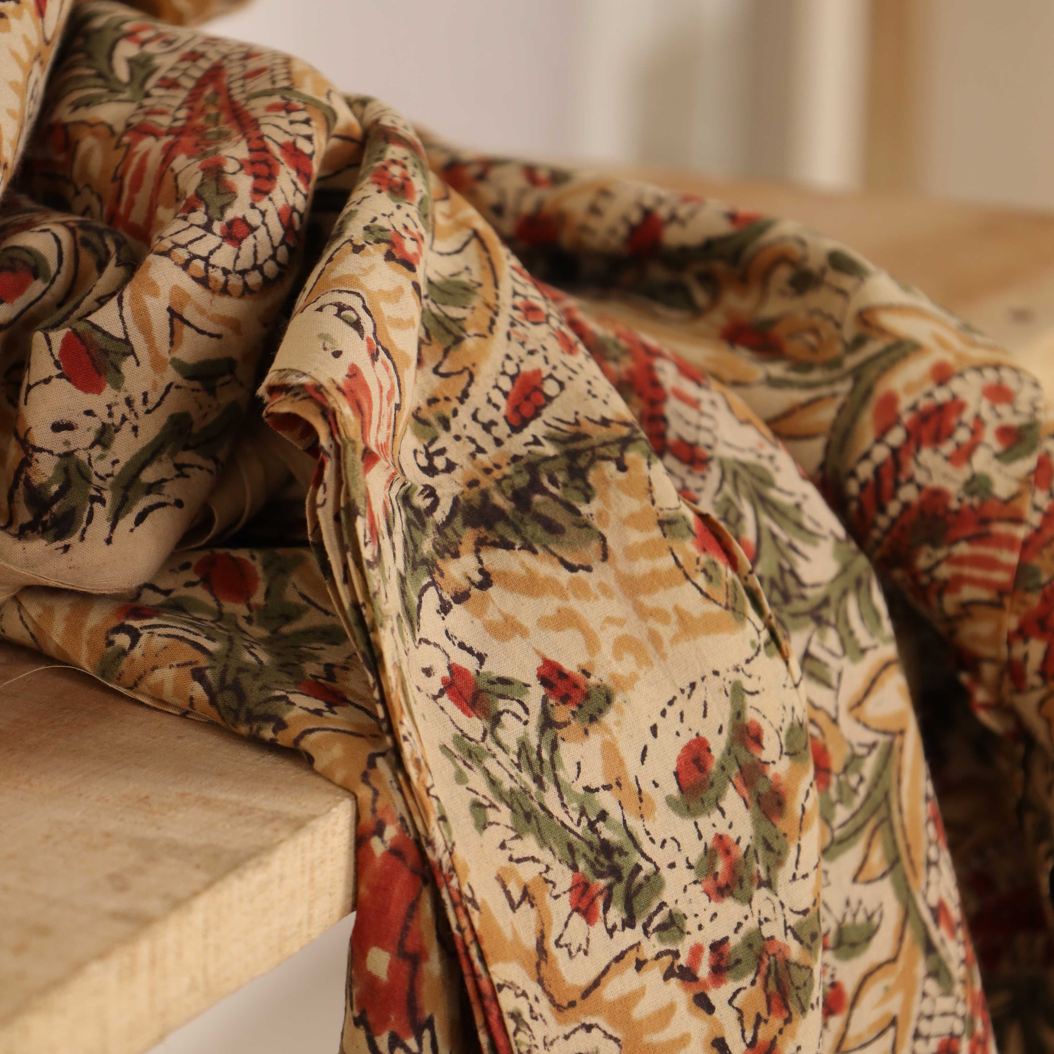 (1 Yard) Hand Block Printed Floral Paisley Cotton Fabric - Earthy Tones