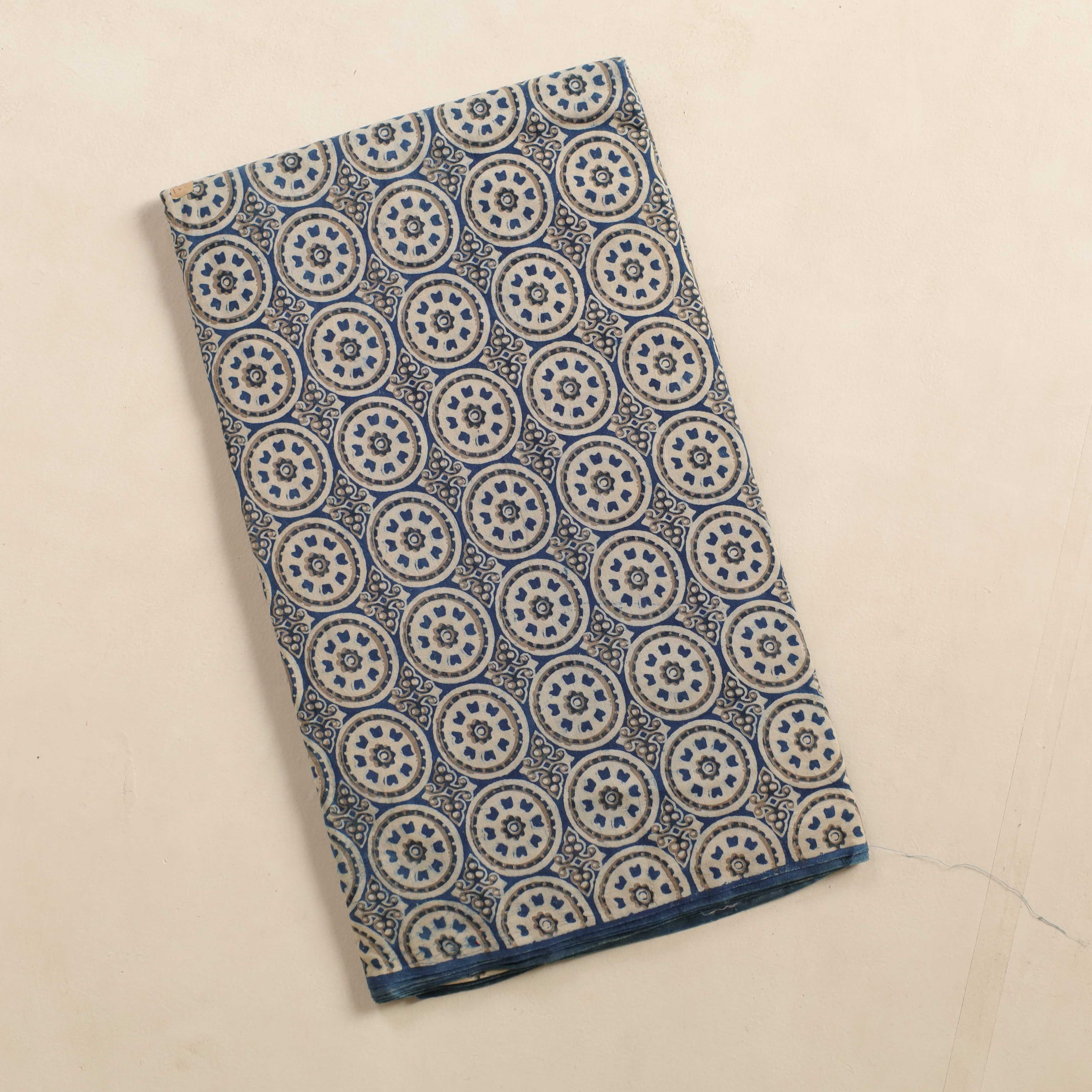 (1 Yard) Hand Block Printed Medallion Motif Cotton Fabric - Indigo & Sand