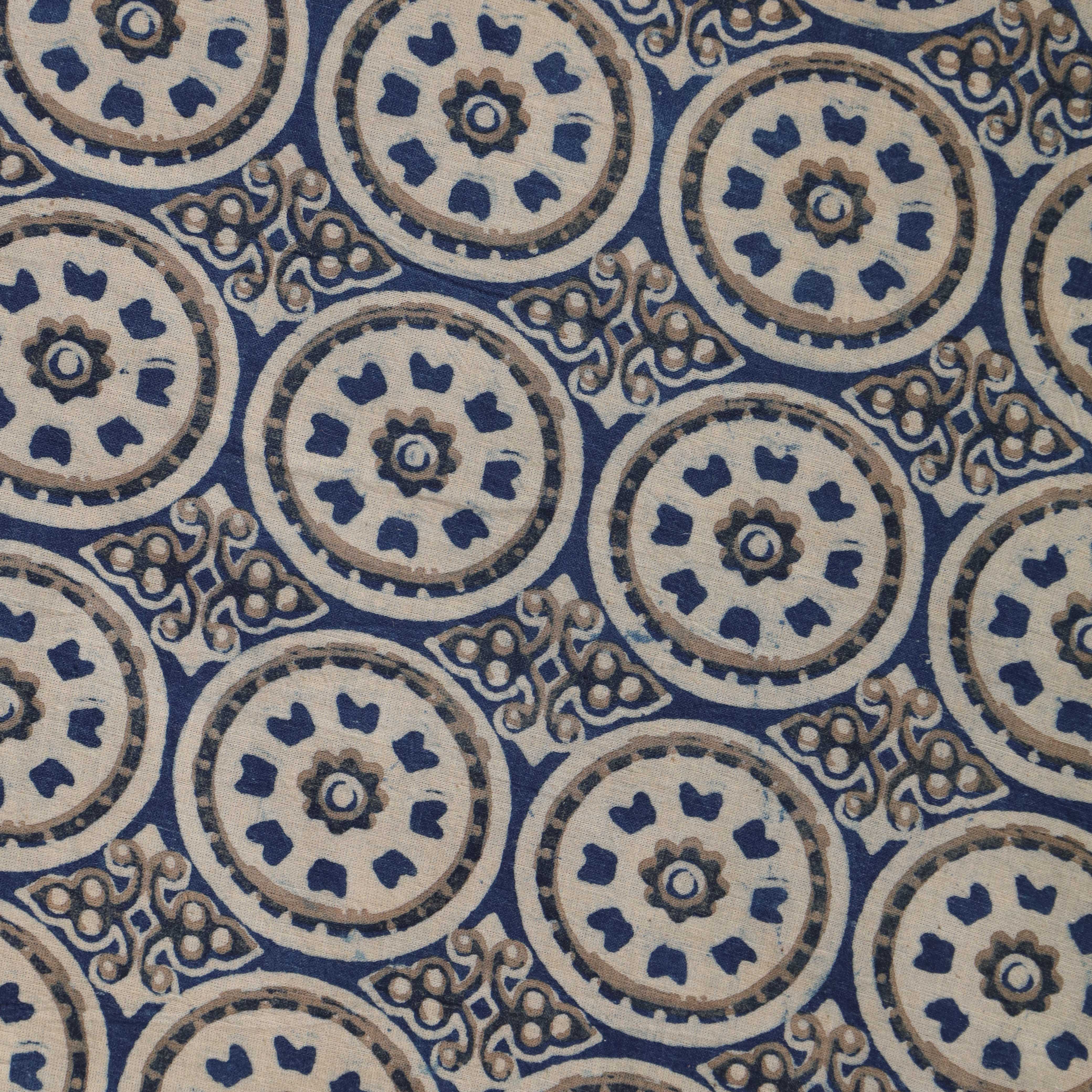 (1 Yard) Hand Block Printed Medallion Motif Cotton Fabric - Indigo & Sand
