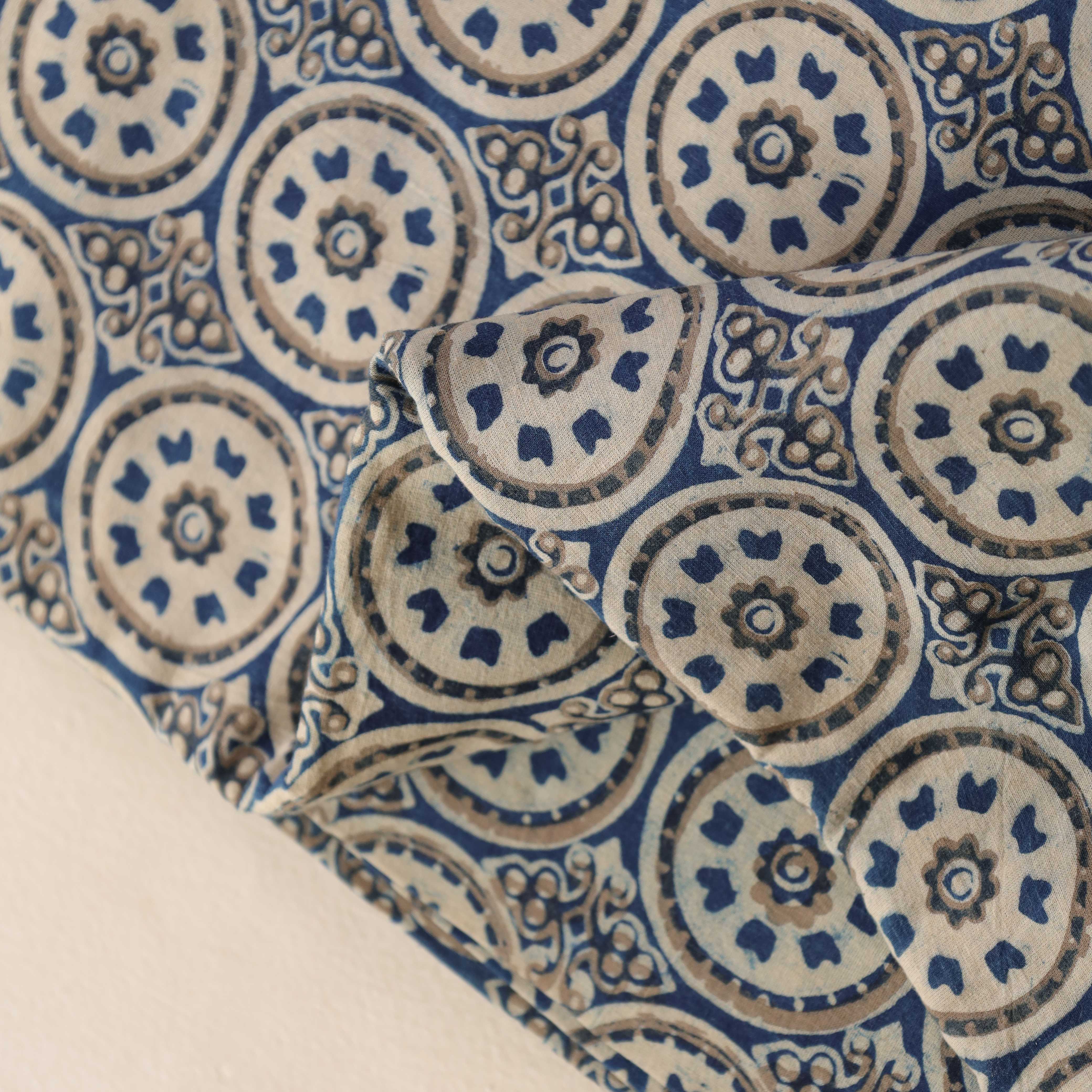 (1 Yard) Hand Block Printed Medallion Motif Cotton Fabric - Indigo & Sand