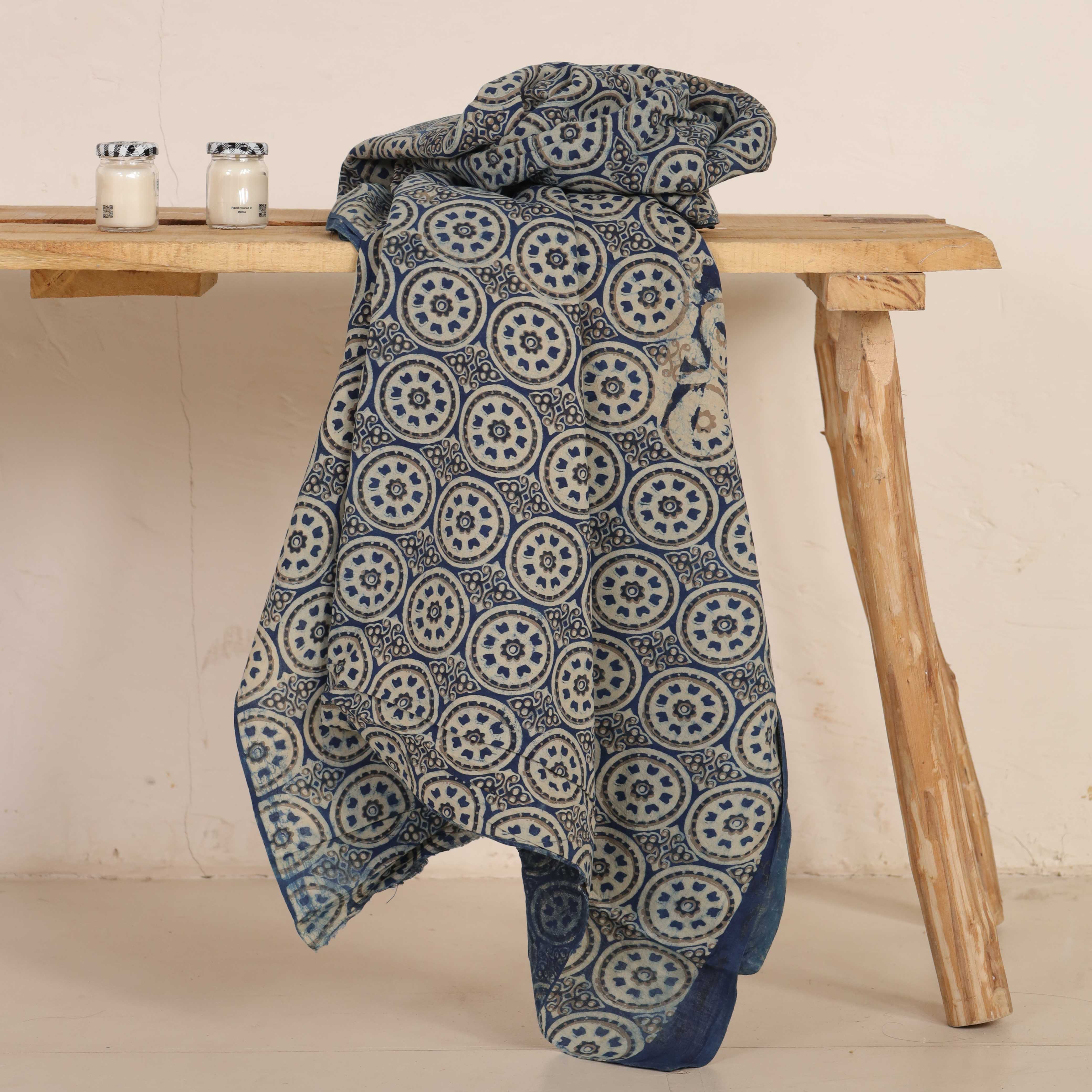 (1 Yard) Hand Block Printed Medallion Motif Cotton Fabric - Indigo & Sand