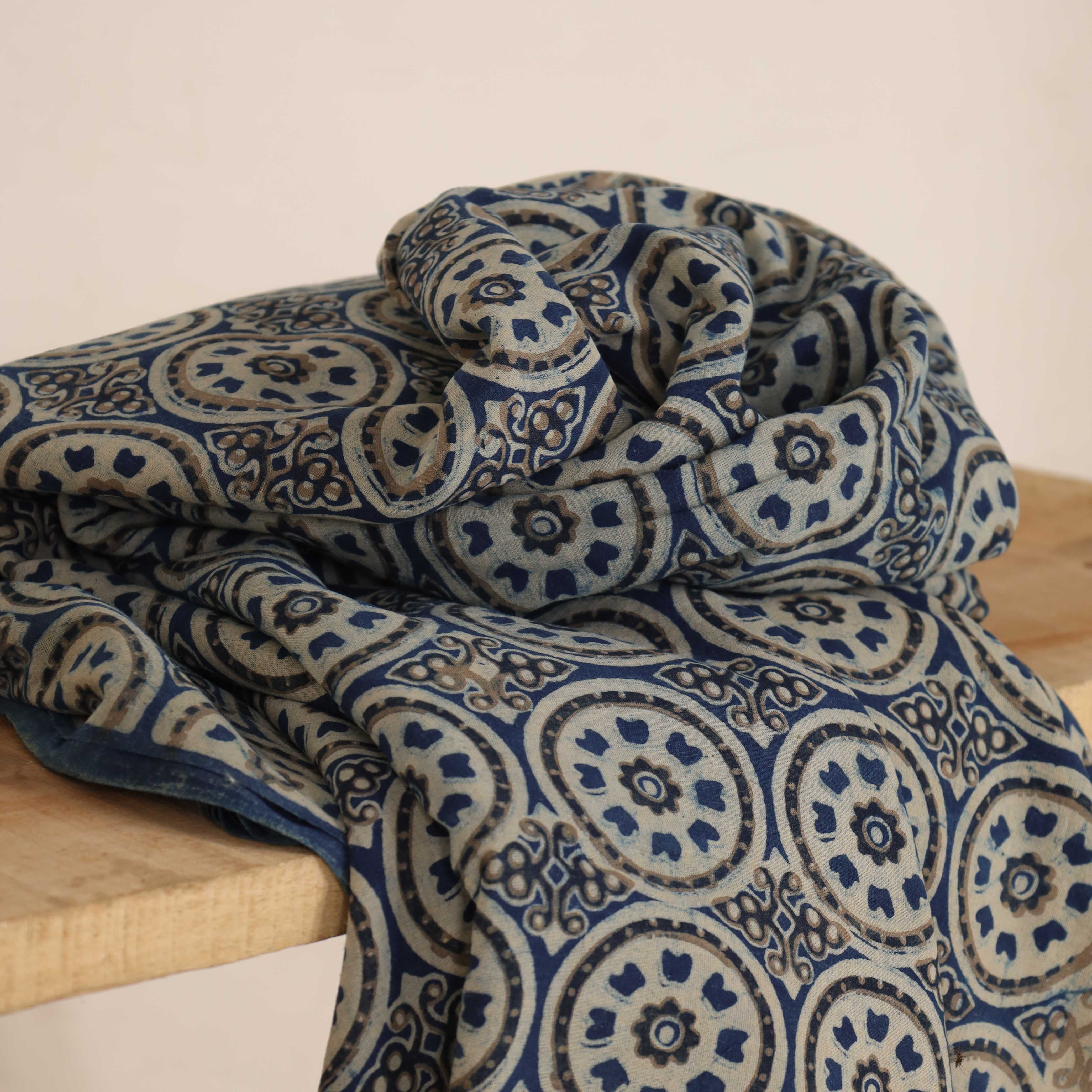 (1 Yard) Hand Block Printed Medallion Motif Cotton Fabric - Indigo & Sand