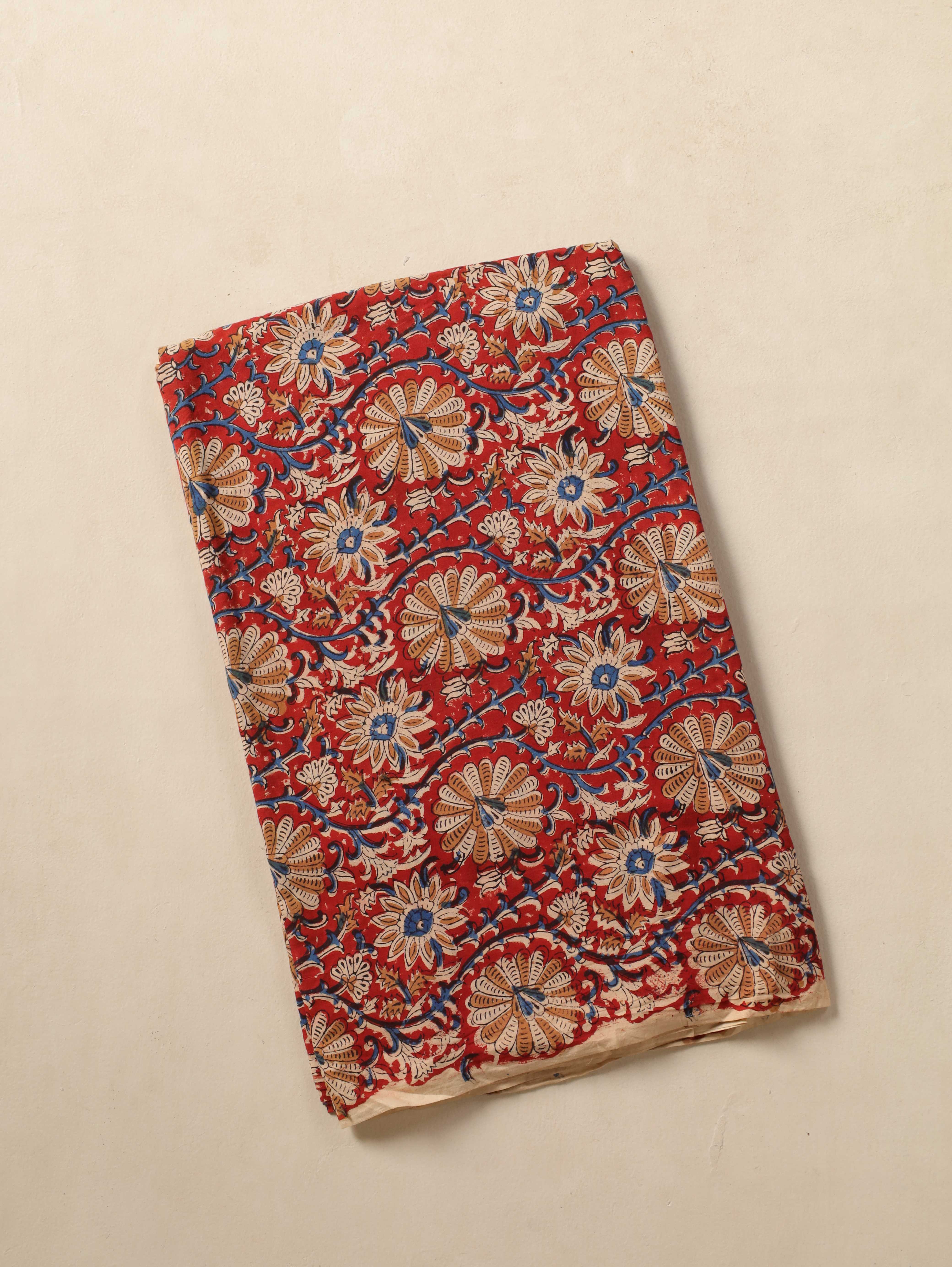 (1 Yard) Hand Block Printed Traditional Floral Vines Cotton Fabric - Crimson & Indigo