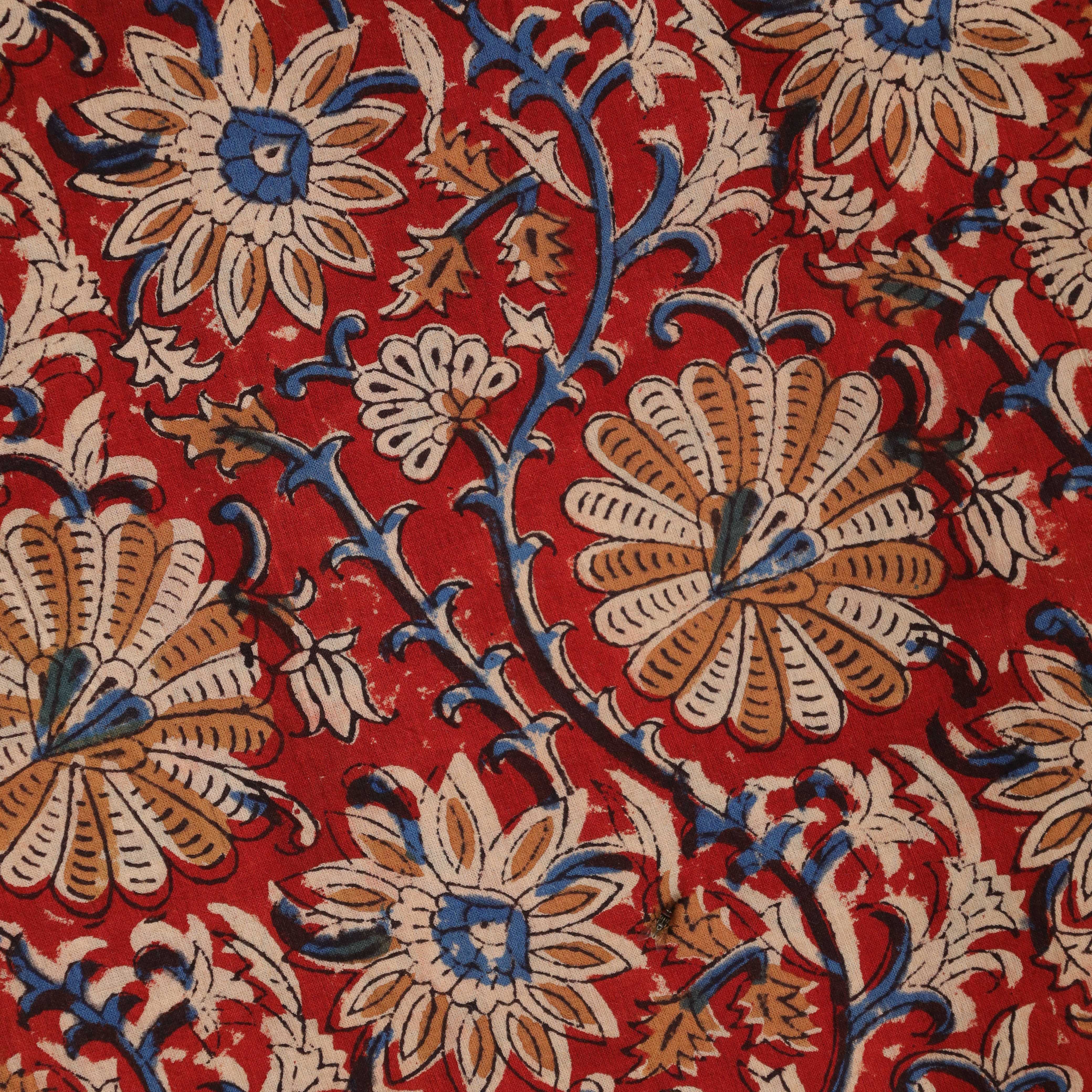 (1 Yard) Hand Block Printed Traditional Floral Vines Cotton Fabric - Crimson & Indigo