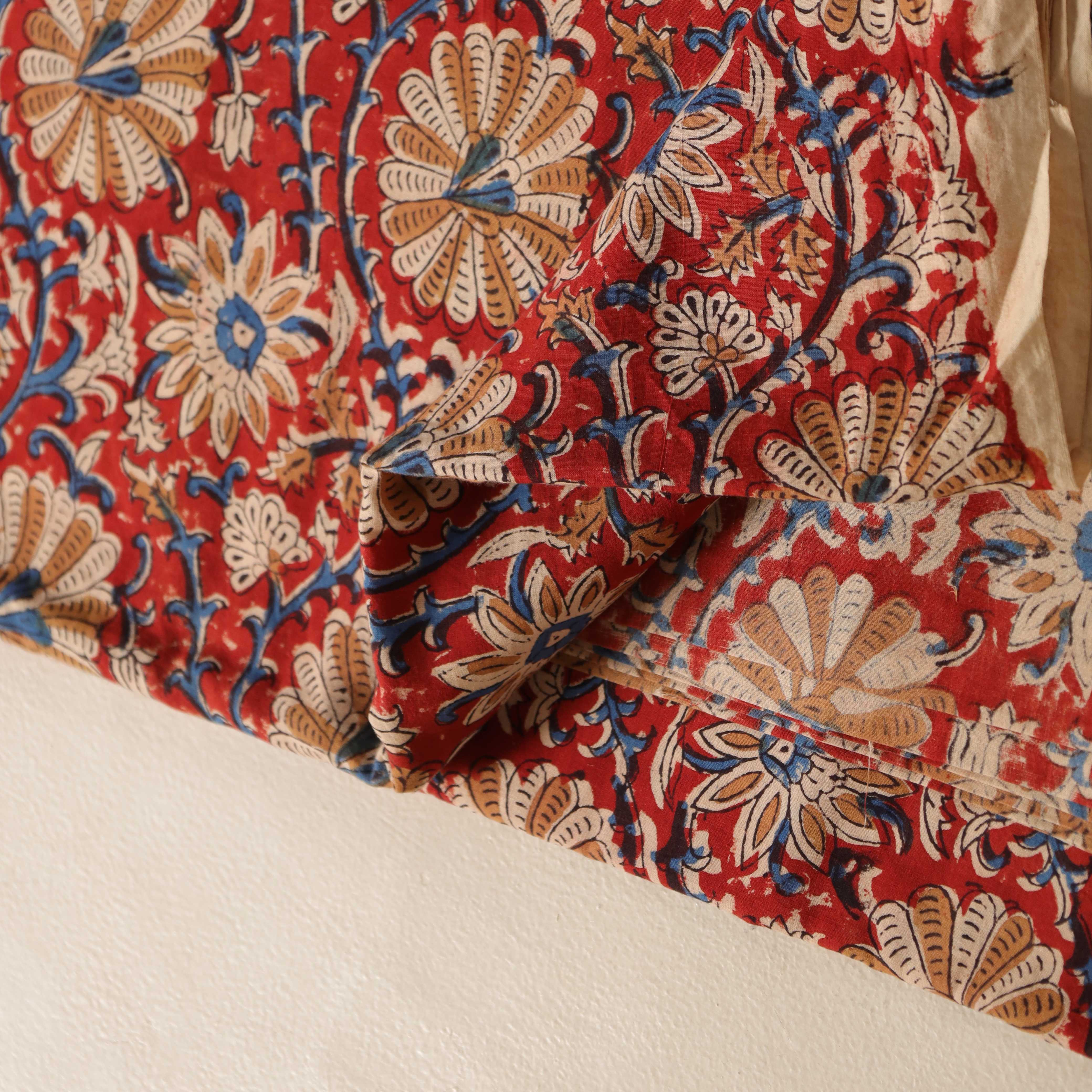 (1 Yard) Hand Block Printed Traditional Floral Vines Cotton Fabric - Crimson & Indigo