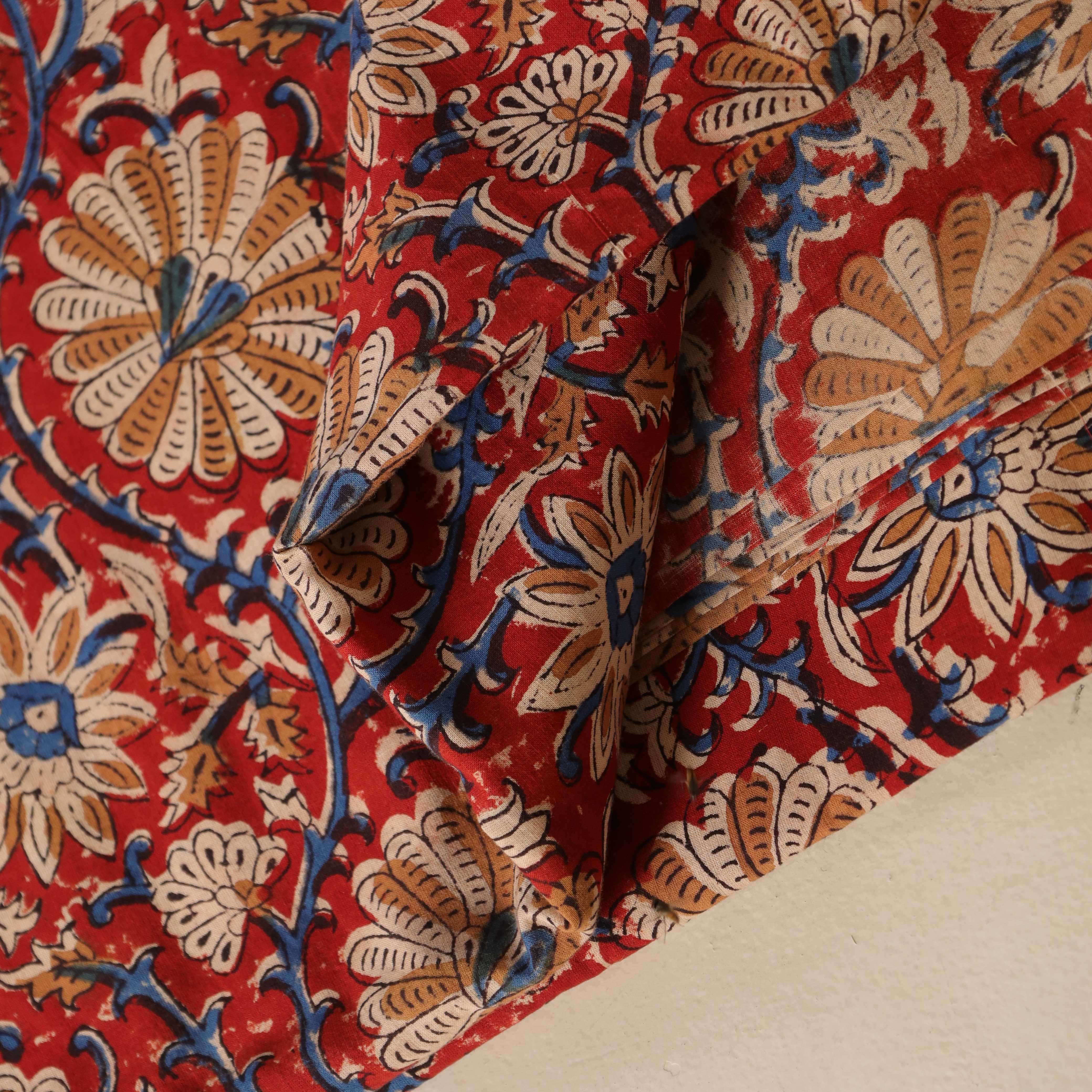 (1 Yard) Hand Block Printed Traditional Floral Vines Cotton Fabric - Crimson & Indigo