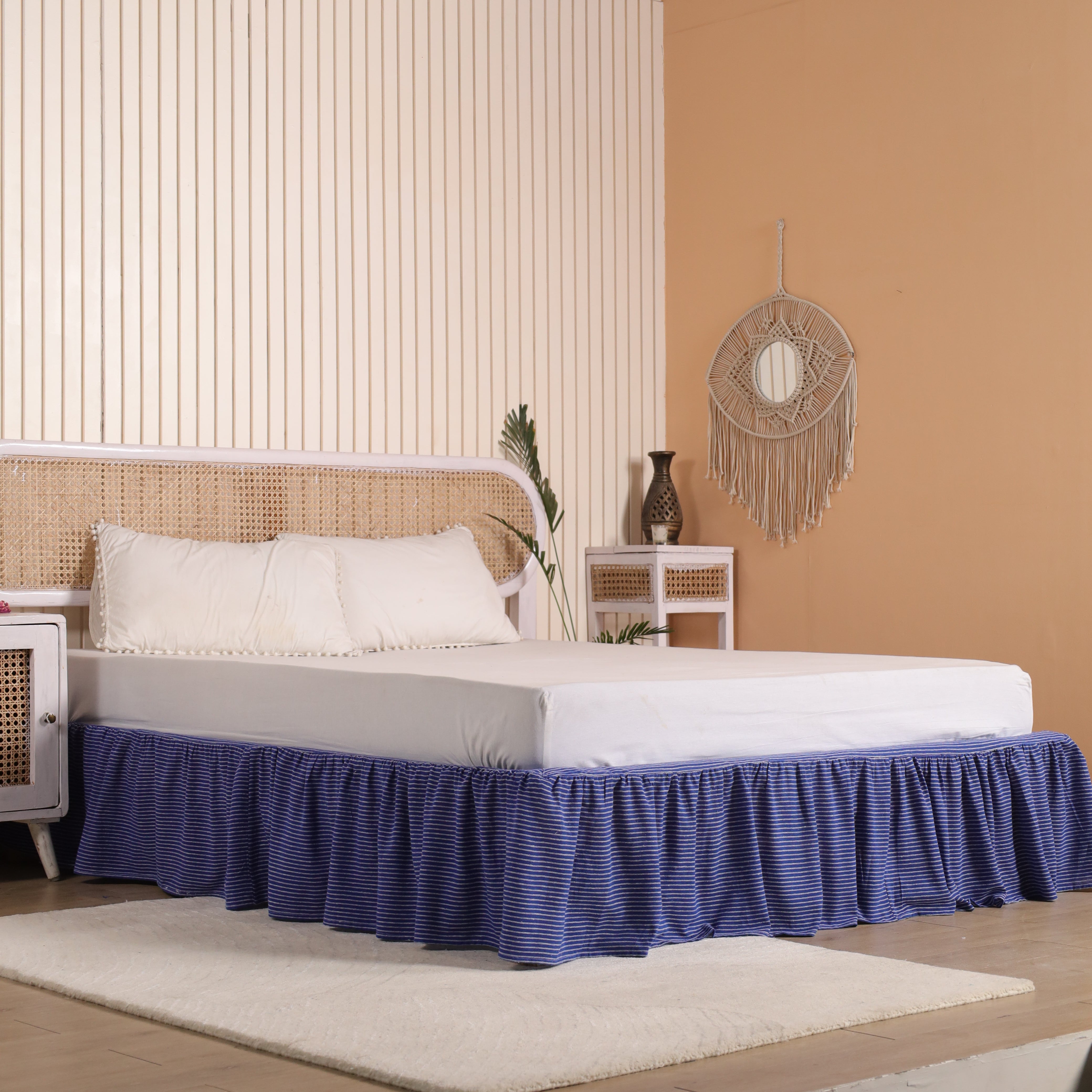 Boho Striped Ruffled Bed Skirt – Elastic Wrap-Around Gathered Bed Valance