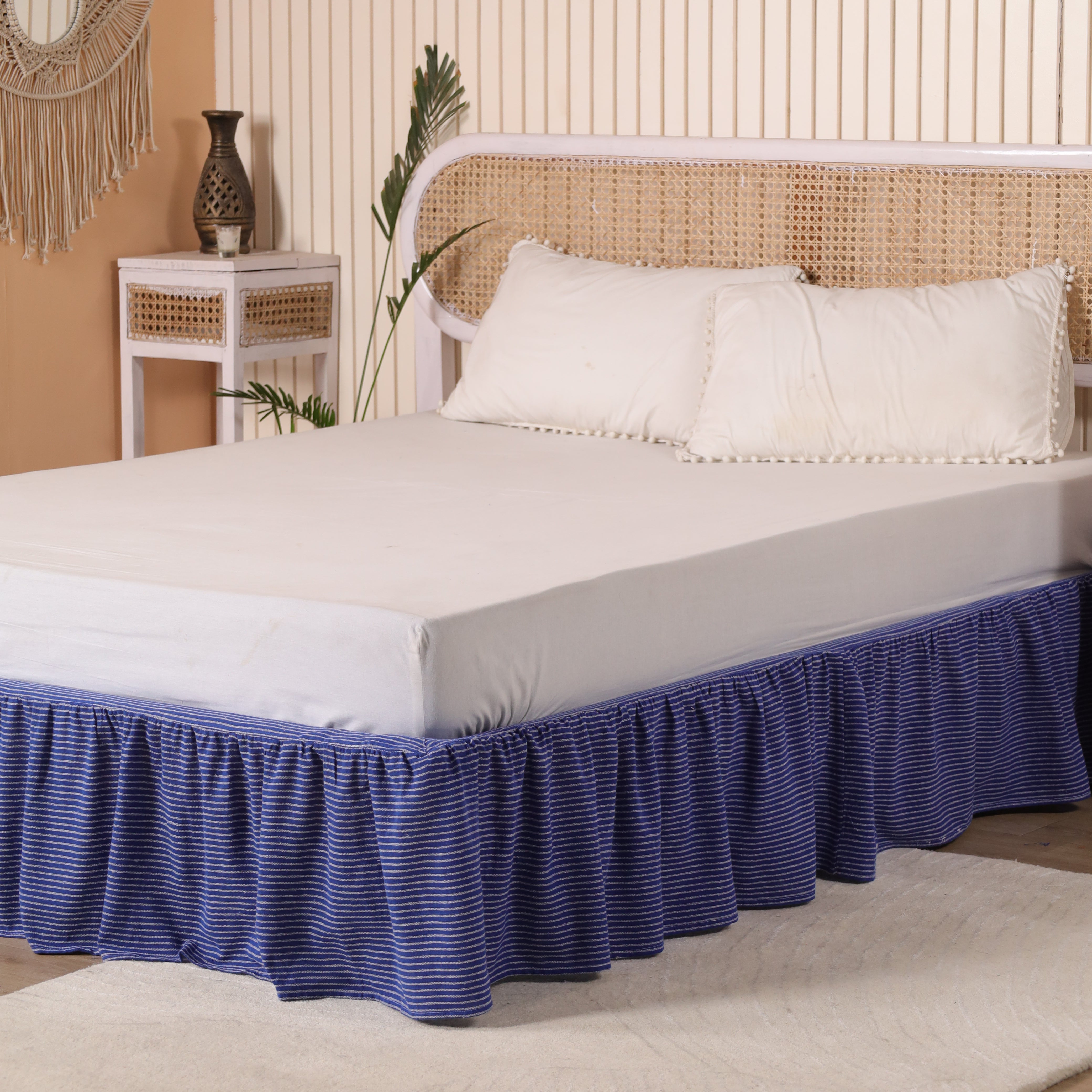 Boho Striped Ruffled Bed Skirt – Elastic Wrap-Around Gathered Bed Valance