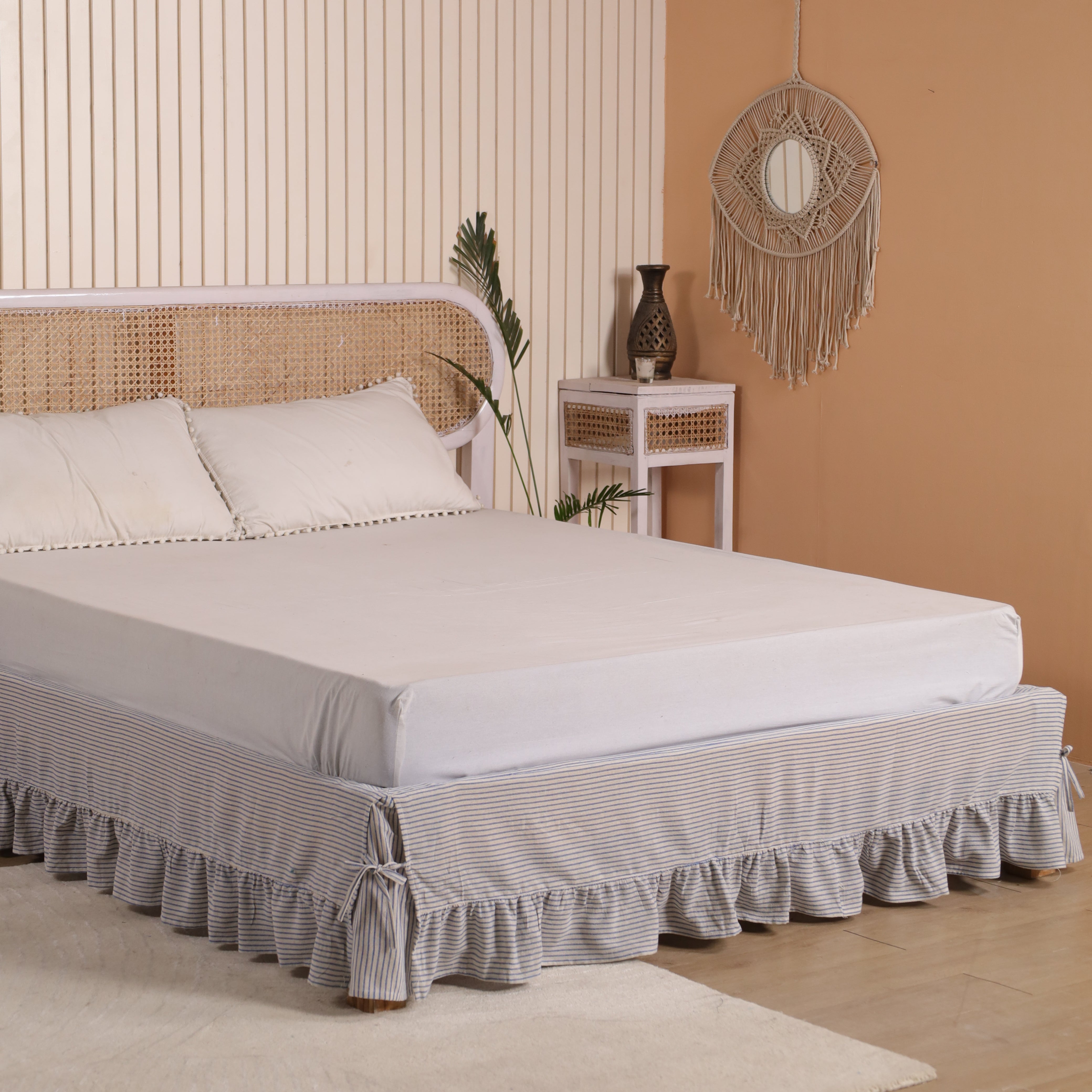 Farmhouse Striped Layered Bed Skirt – Tailored Pleat with Ruffled Base Bed Valance