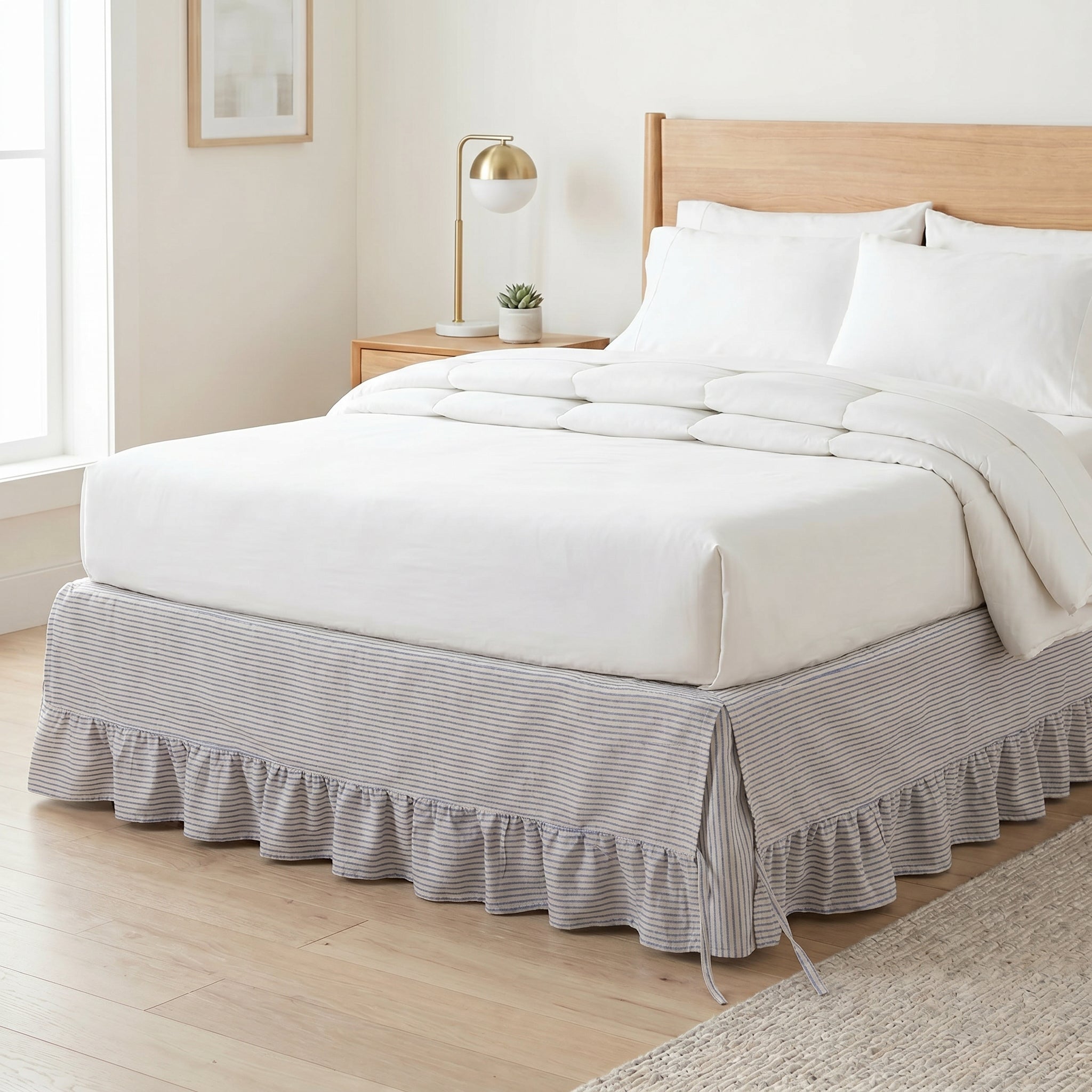 Farmhouse Striped Layered Bed Skirt – Tailored Pleat with Ruffled Base Bed Valance