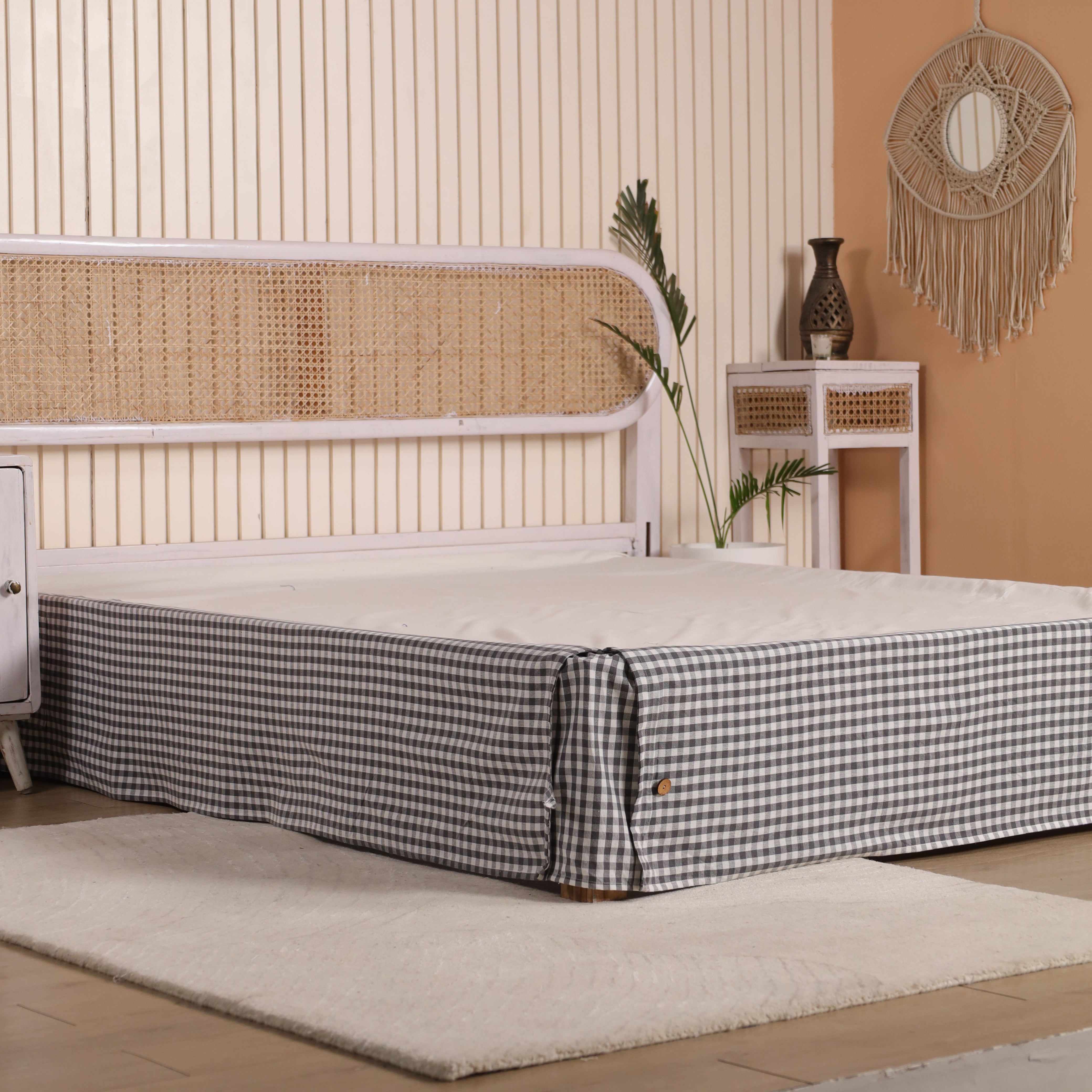 Country Gingham Checked Tailored Bed Skirt – Pleated Bed Valance with Side Ties