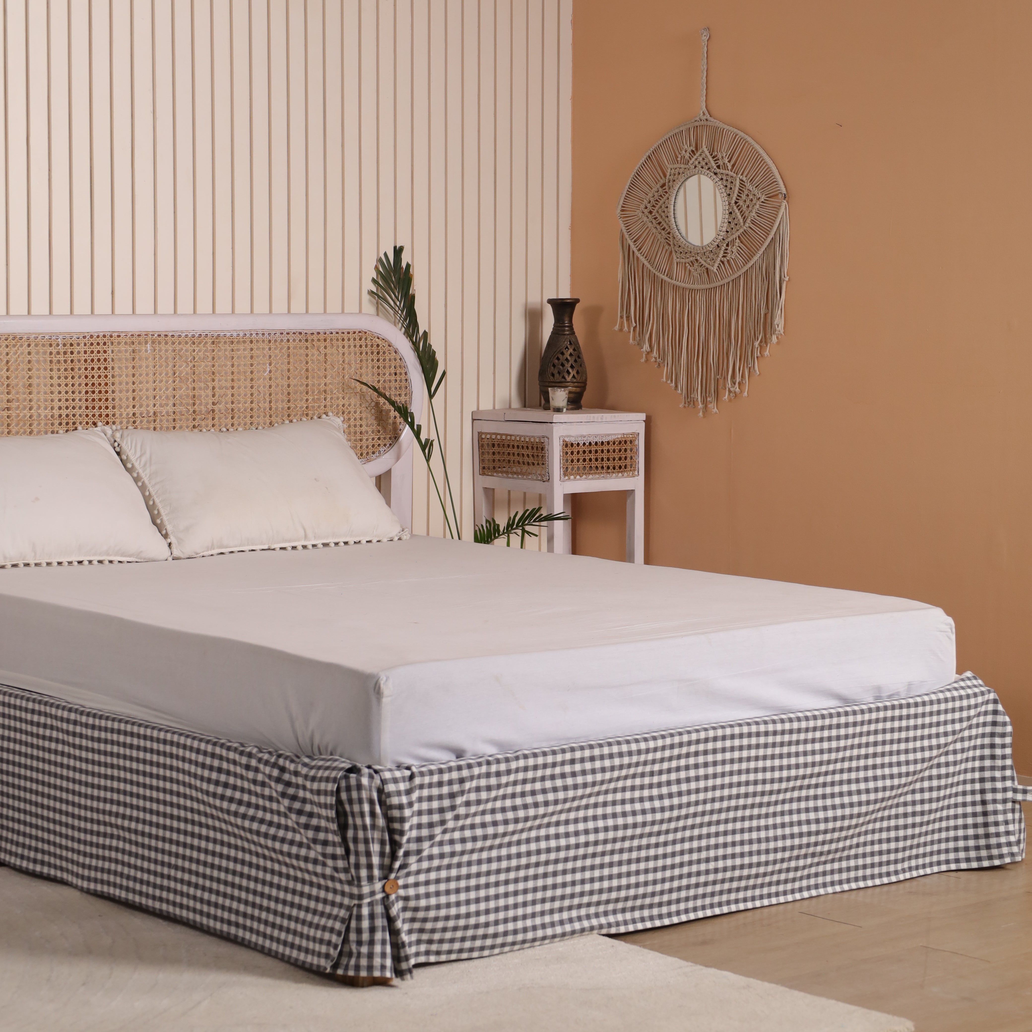 Country Gingham Checked Tailored Bed Skirt – Pleated Bed Valance with Side Ties