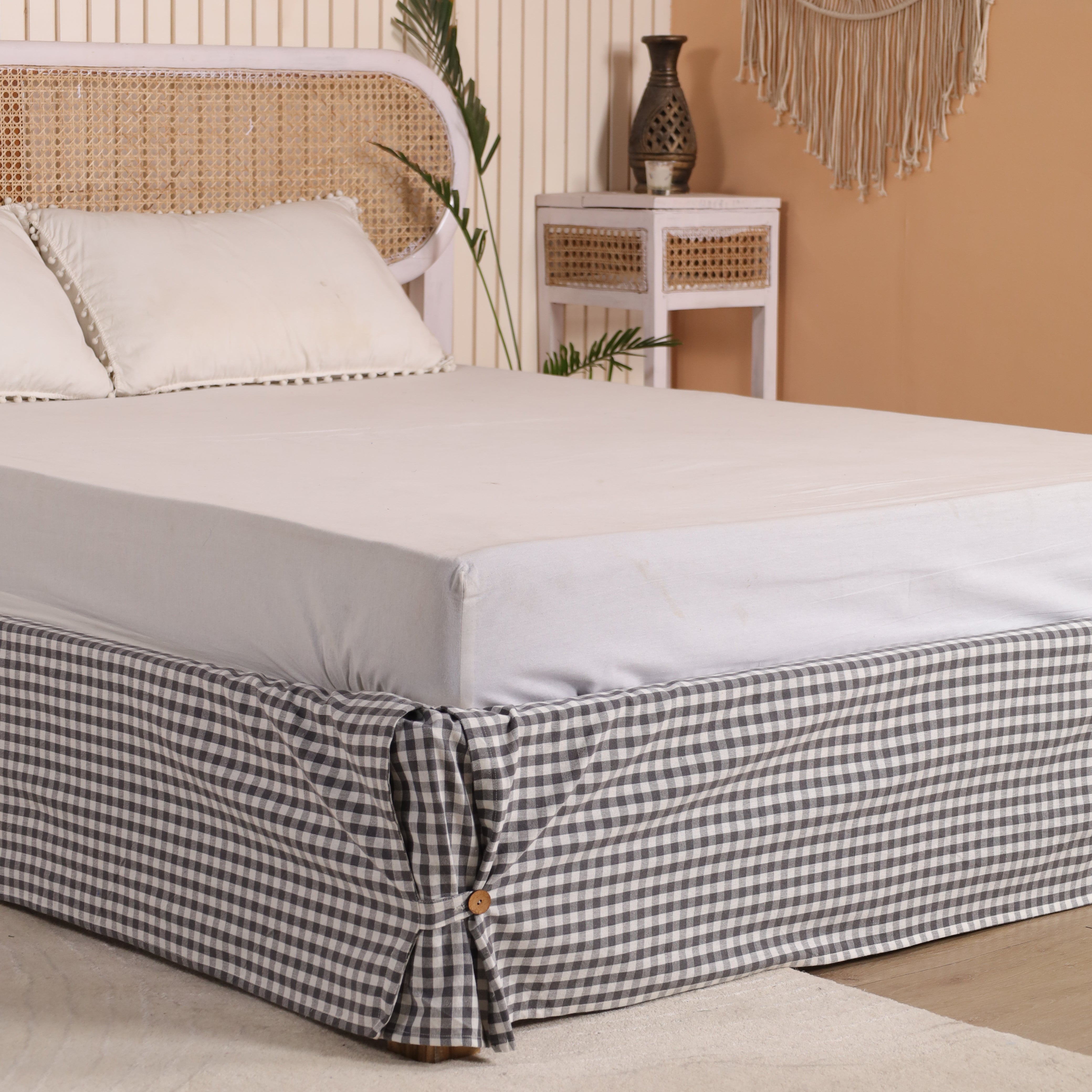 Country Gingham Checked Tailored Bed Skirt – Pleated Bed Valance with Side Ties