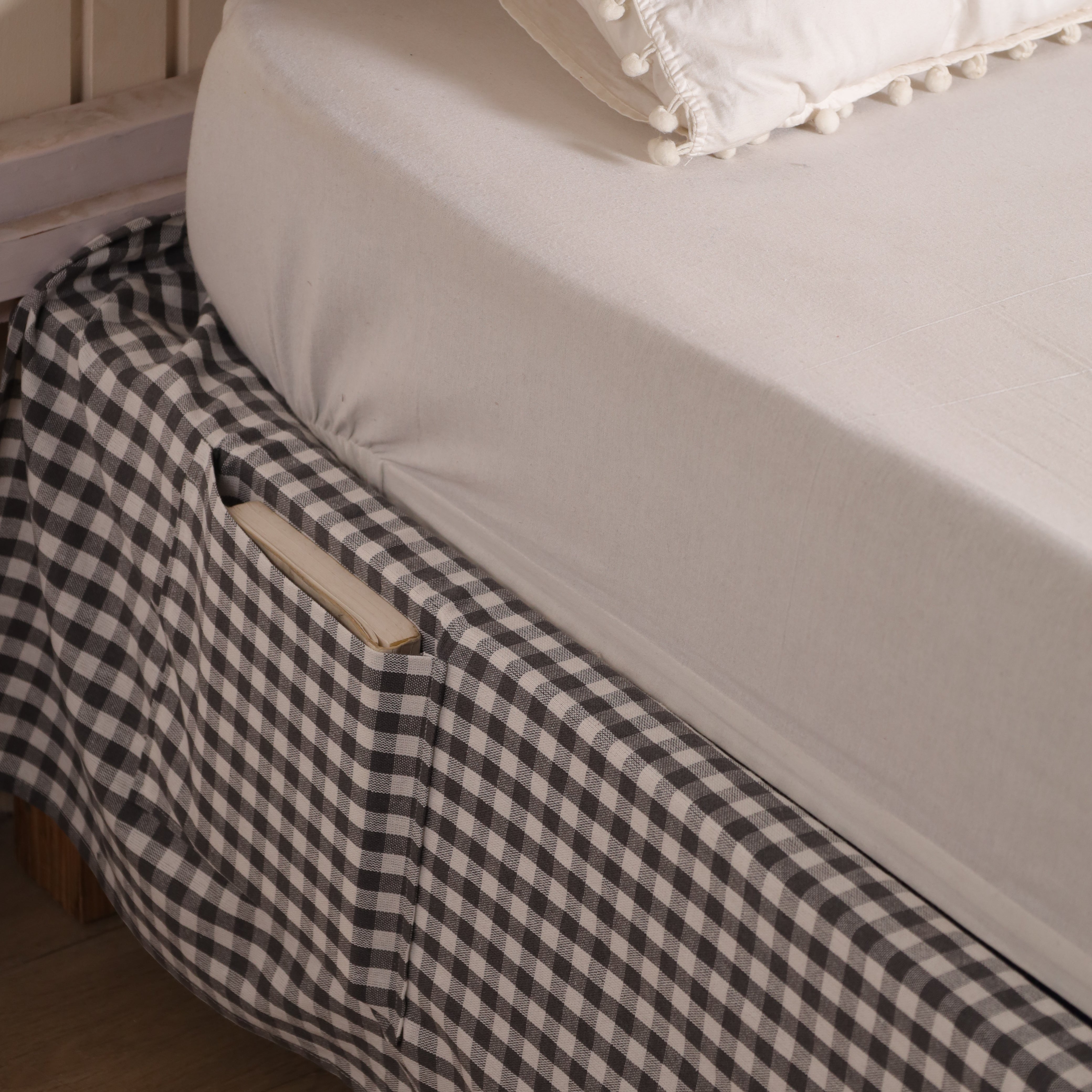 Country Gingham Checked Tailored Bed Skirt – Pleated Bed Valance with Side Ties