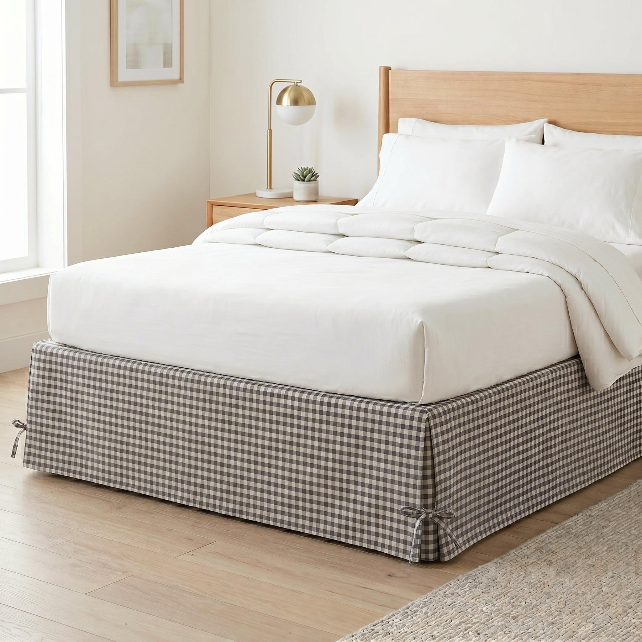 Country Gingham Checked Tailored Bed Skirt – Pleated Bed Valance with Side Ties