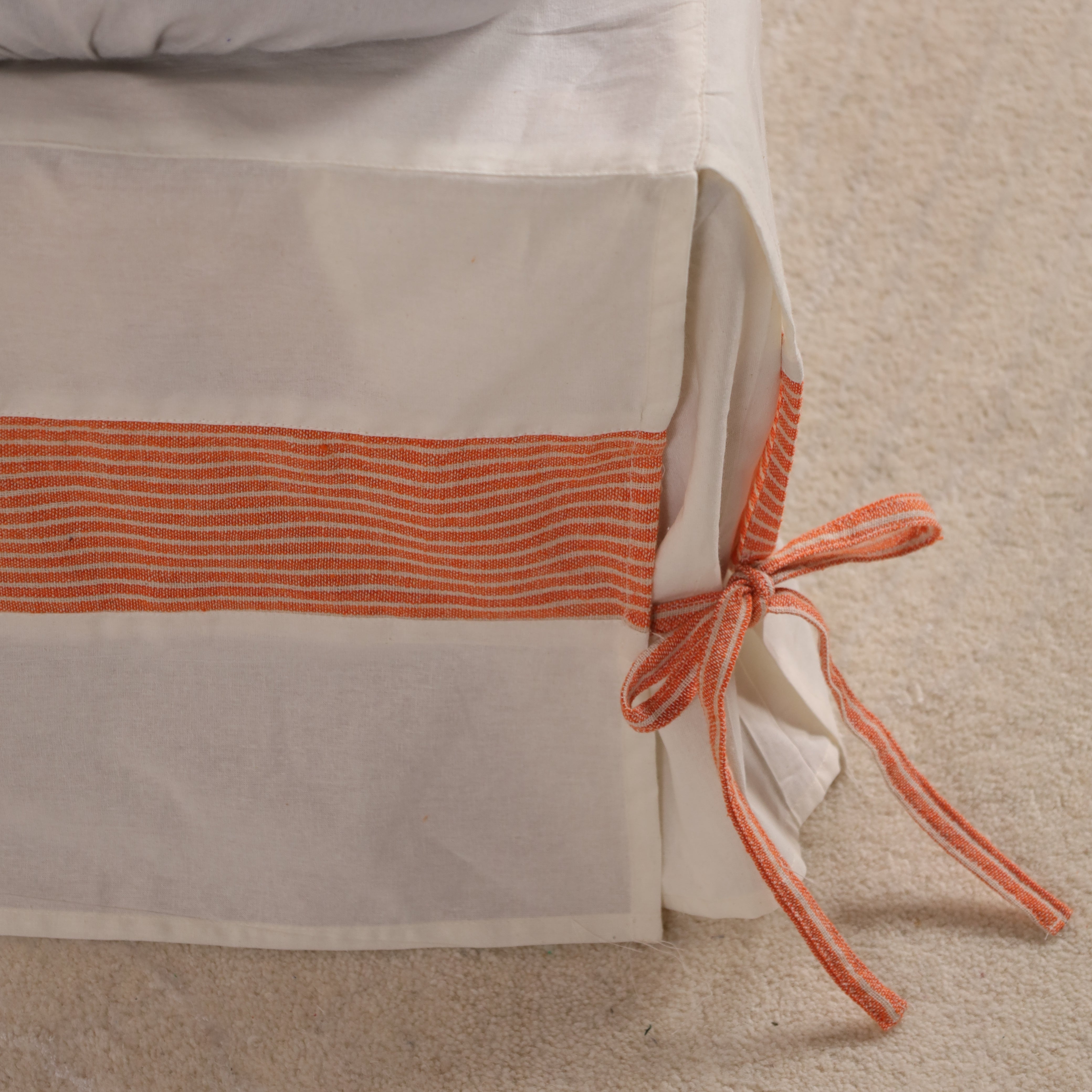 Minimalist Tailored Bed Skirt with Terracotta Striped Border – Split Corner Bed Valance with Side Ties