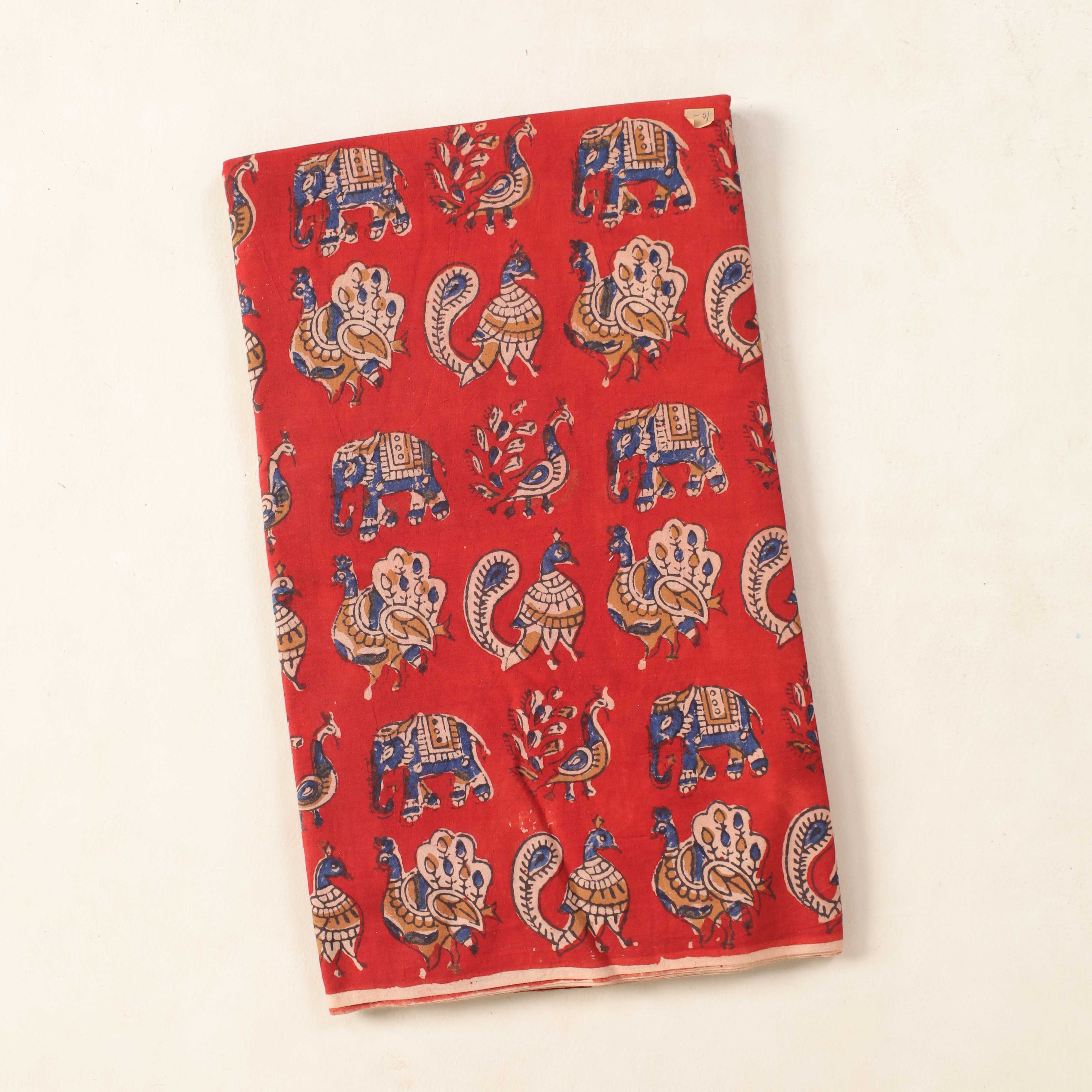 (1 Yard) Artisan Hand Block Printed Elephant & Peacock Cotton Fabric - Crimson Red