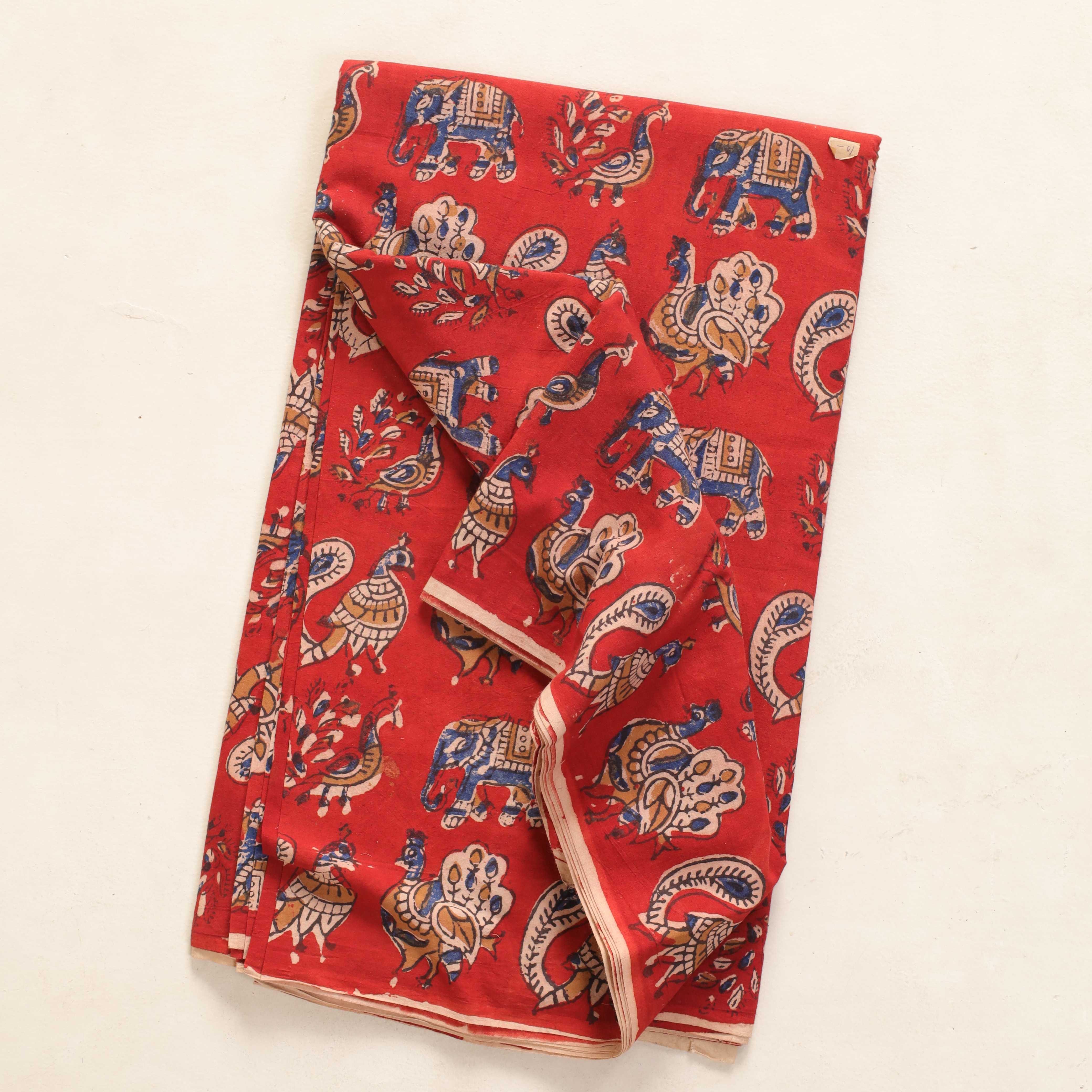 (1 Yard) Artisan Hand Block Printed Elephant & Peacock Cotton Fabric - Crimson Red