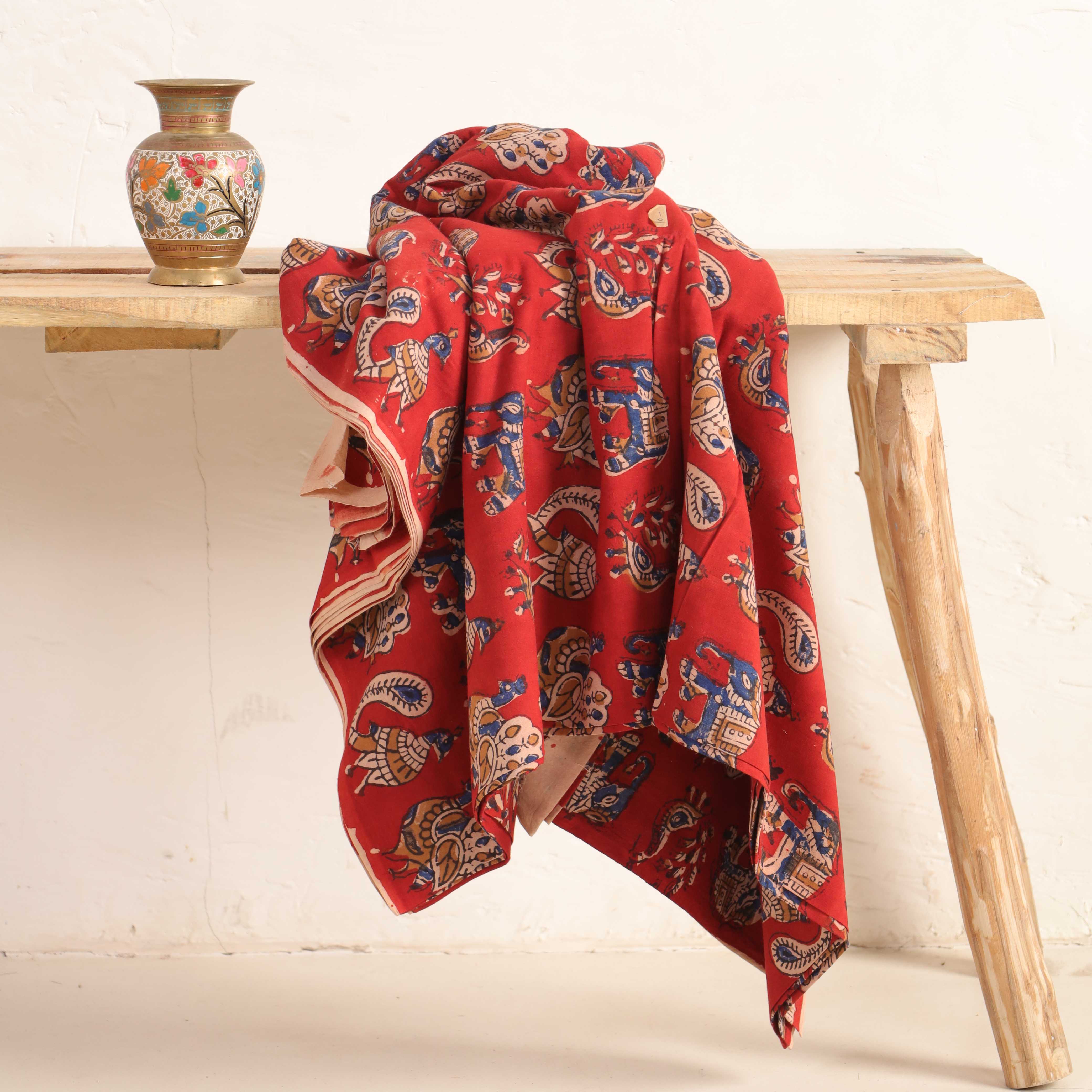 (1 Yard) Artisan Hand Block Printed Elephant & Peacock Cotton Fabric - Crimson Red