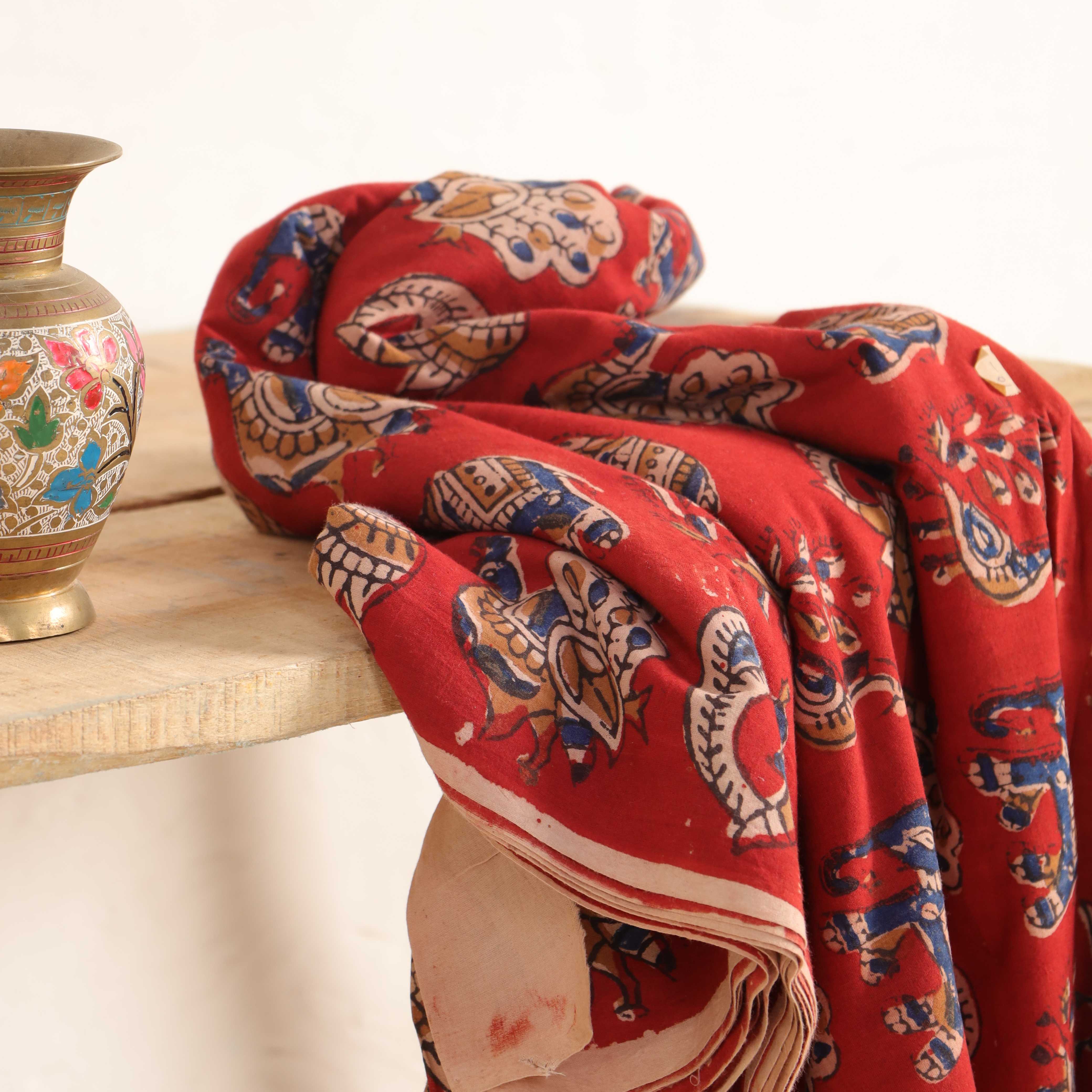 (1 Yard) Artisan Hand Block Printed Elephant & Peacock Cotton Fabric - Crimson Red