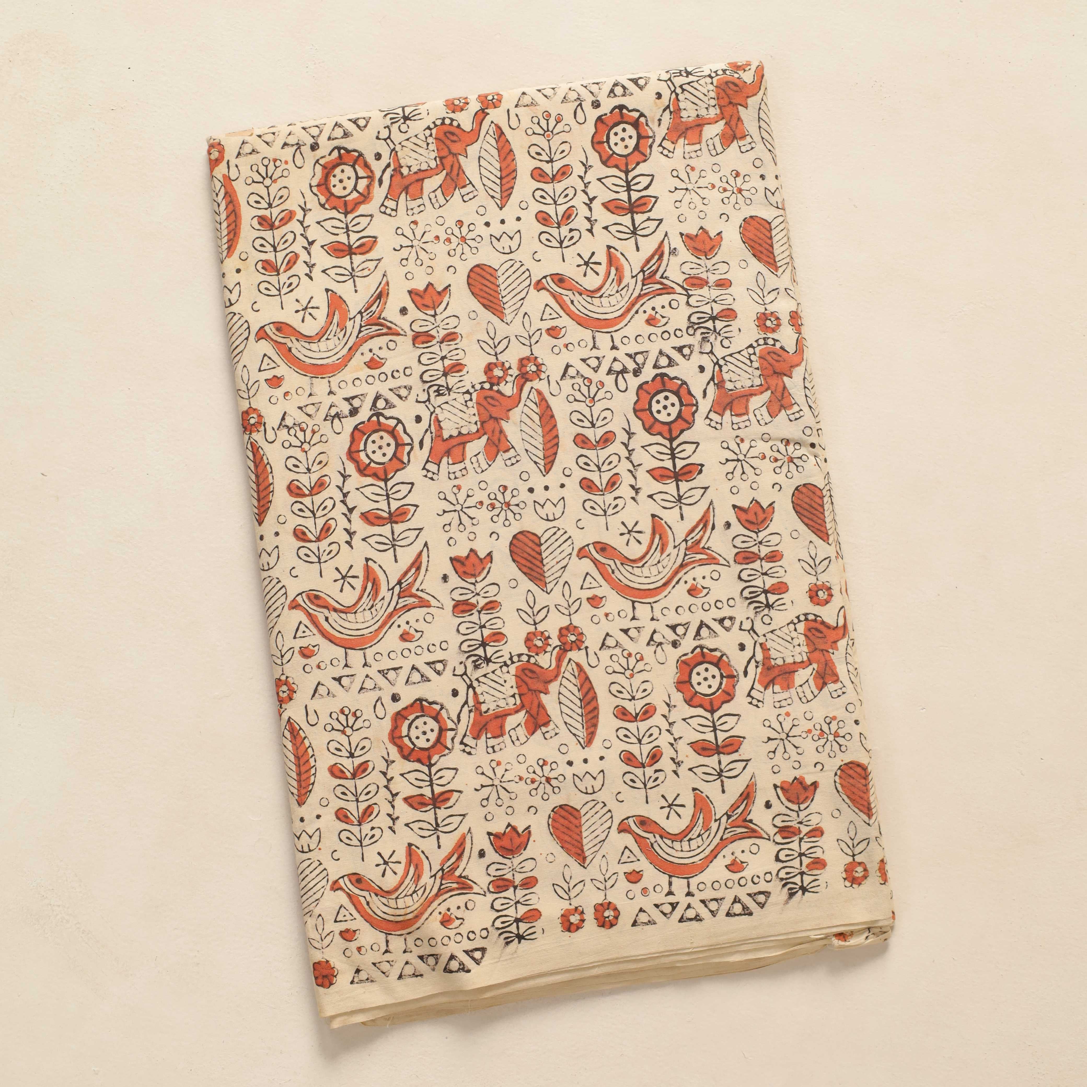 (1 Yard) Artisan-Crafted Hand Block Printed Cotton | Heritage Elephant & Floral Motif