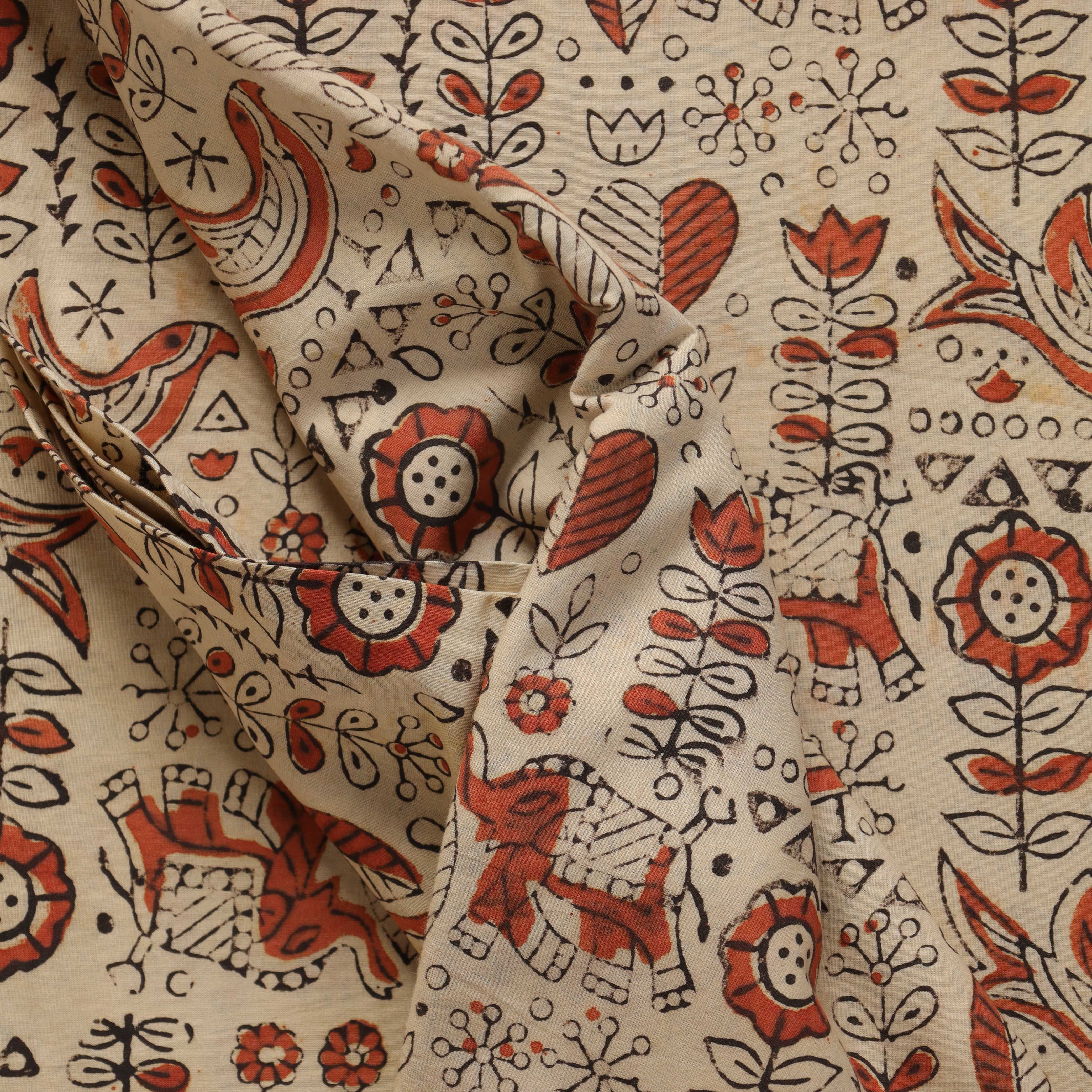 (1 Yard) Artisan-Crafted Hand Block Printed Cotton | Heritage Elephant & Floral Motif