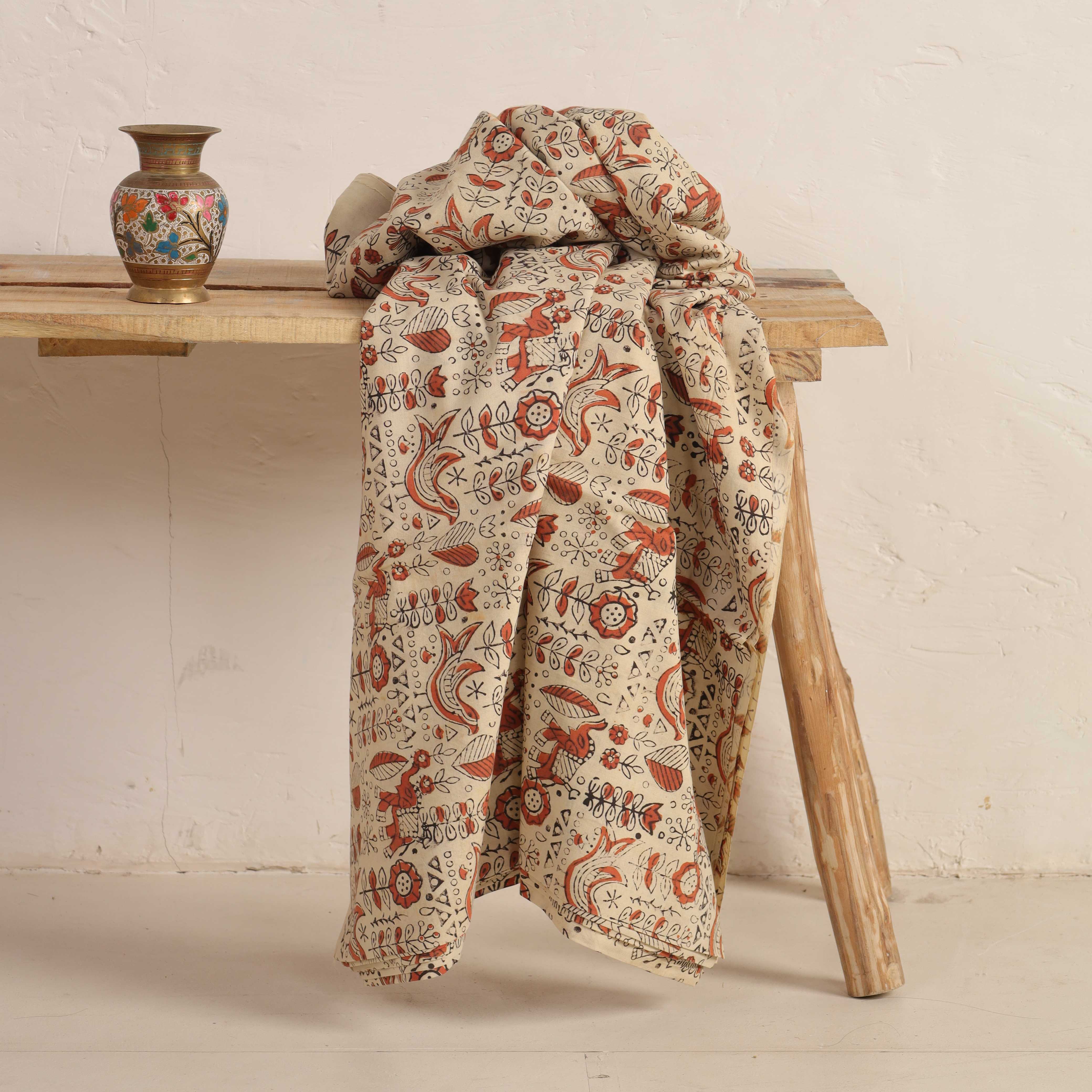 (1 Yard) Artisan-Crafted Hand Block Printed Cotton | Heritage Elephant & Floral Motif