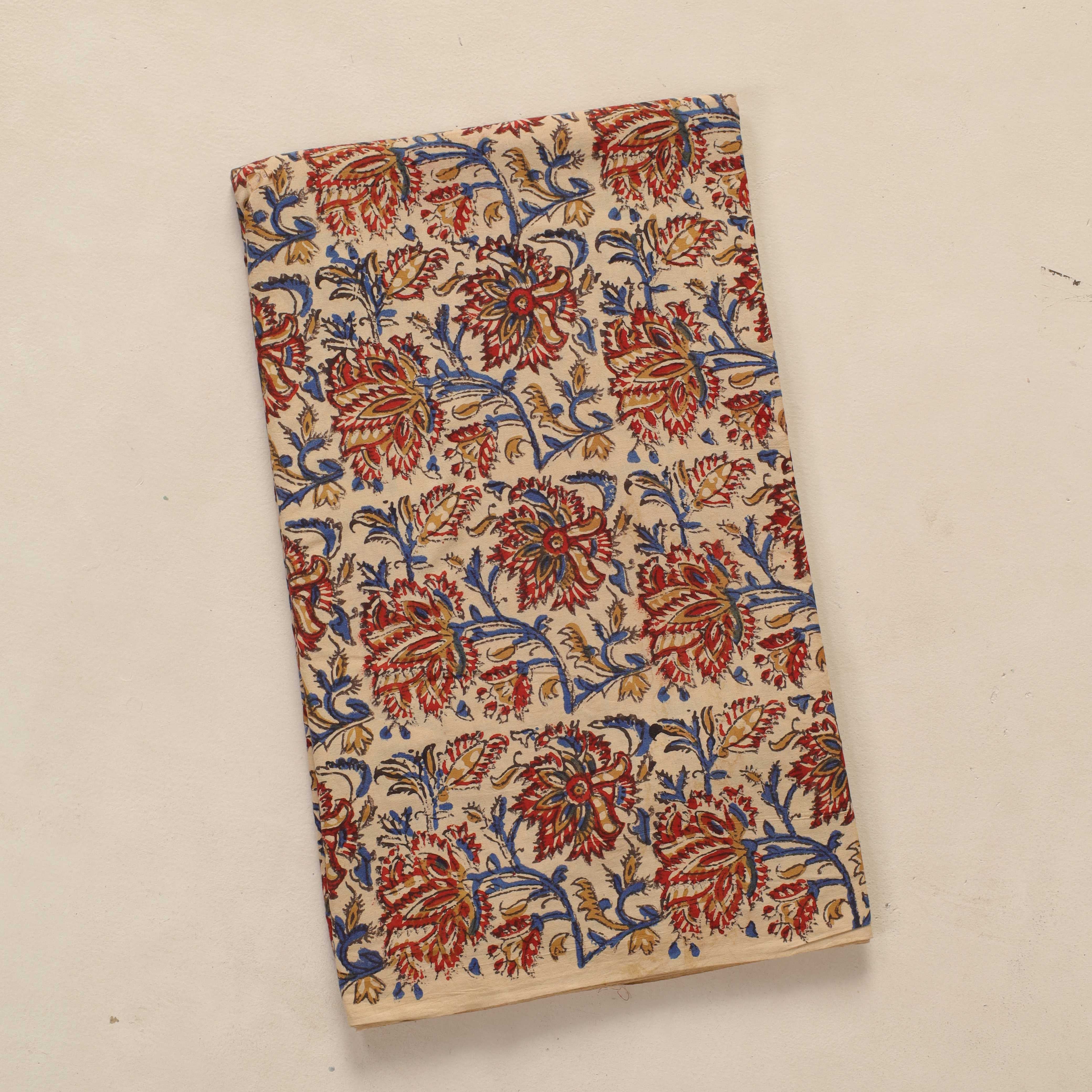 Artisan Hand Block Printed Cotton Fabric - Indigo & Madder Floral Motif