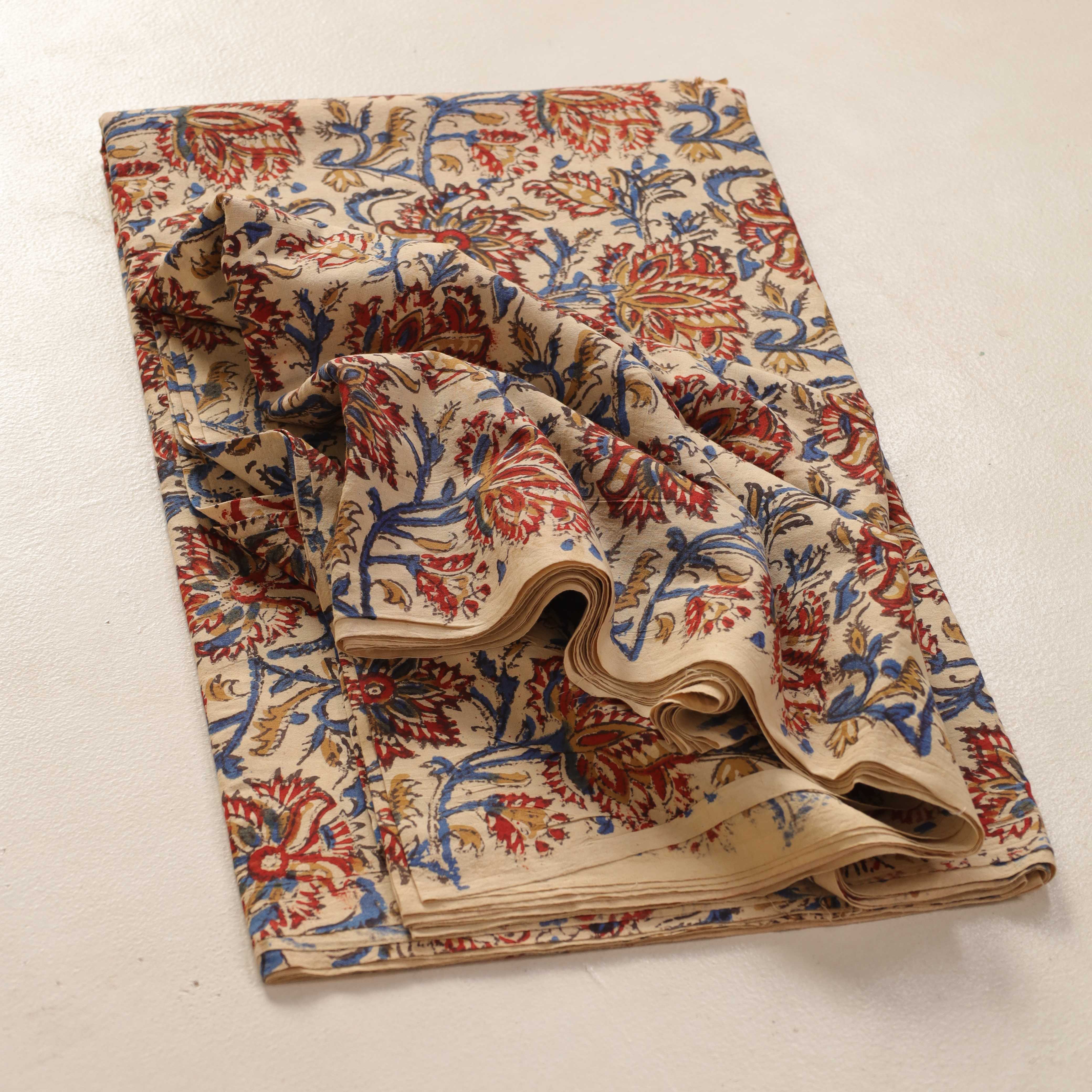 Artisan Hand Block Printed Cotton Fabric - Indigo & Madder Floral Motif