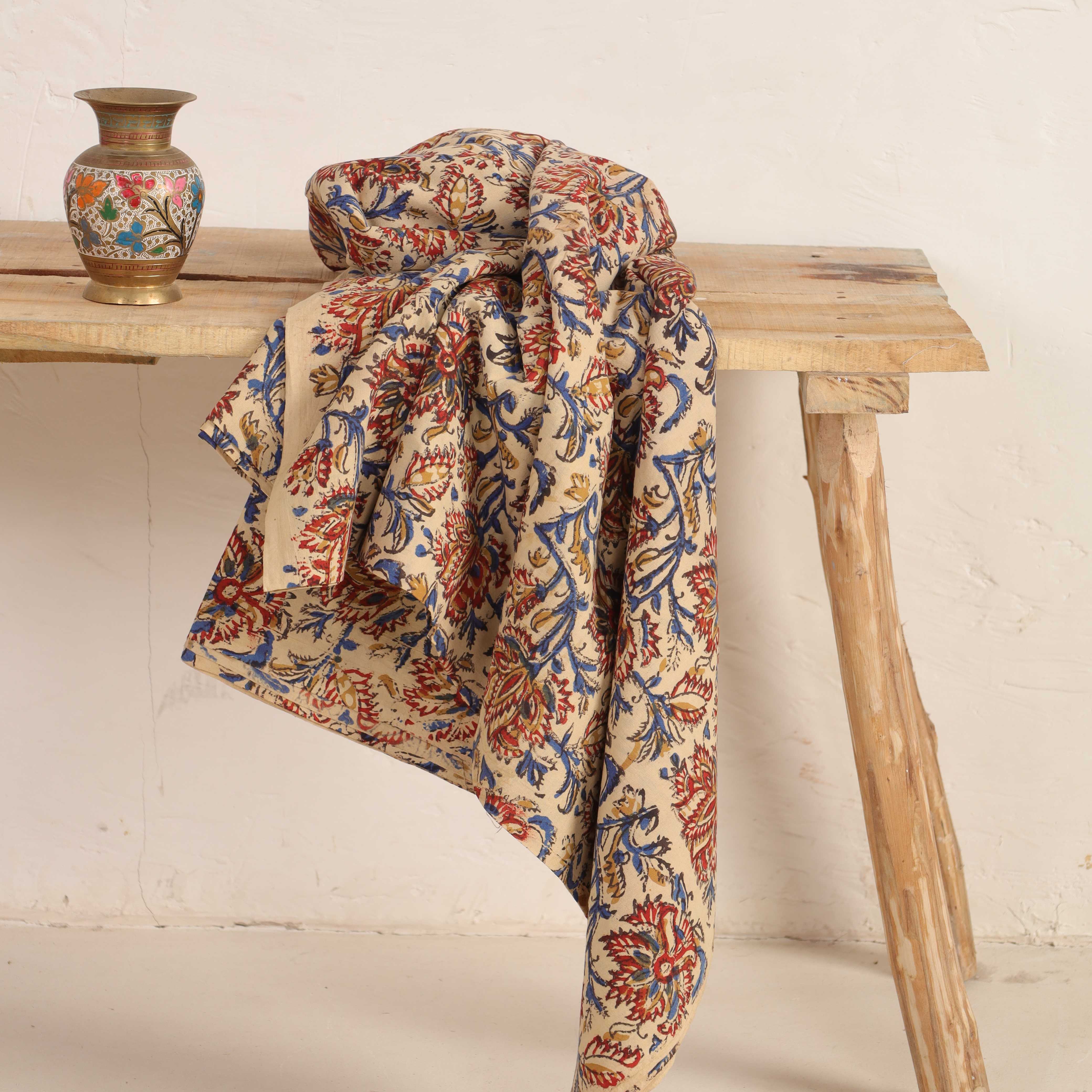 Artisan Hand Block Printed Cotton Fabric - Indigo & Madder Floral Motif