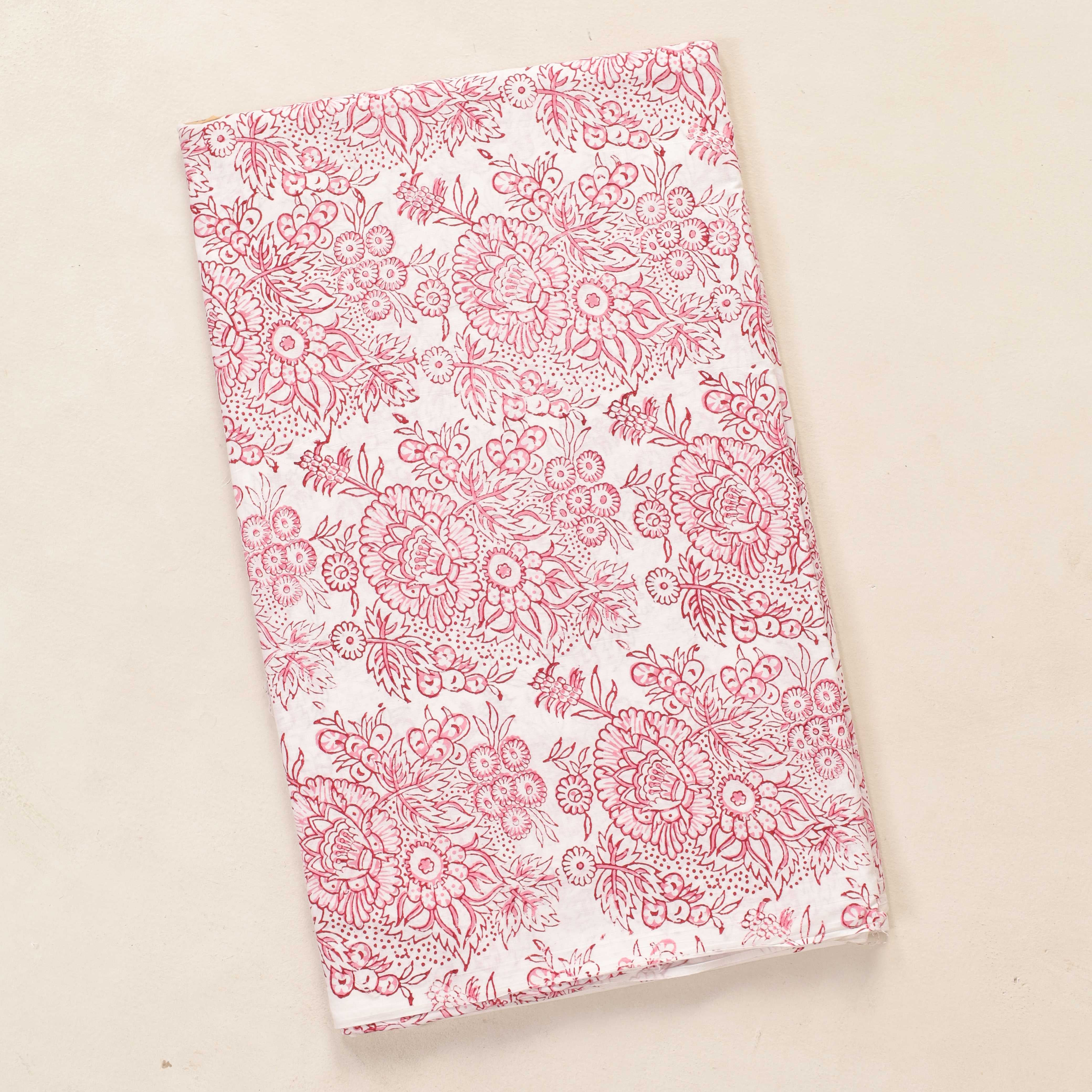 Artisan Hand Block Printed Cotton Fabric - Pink Floral Vine