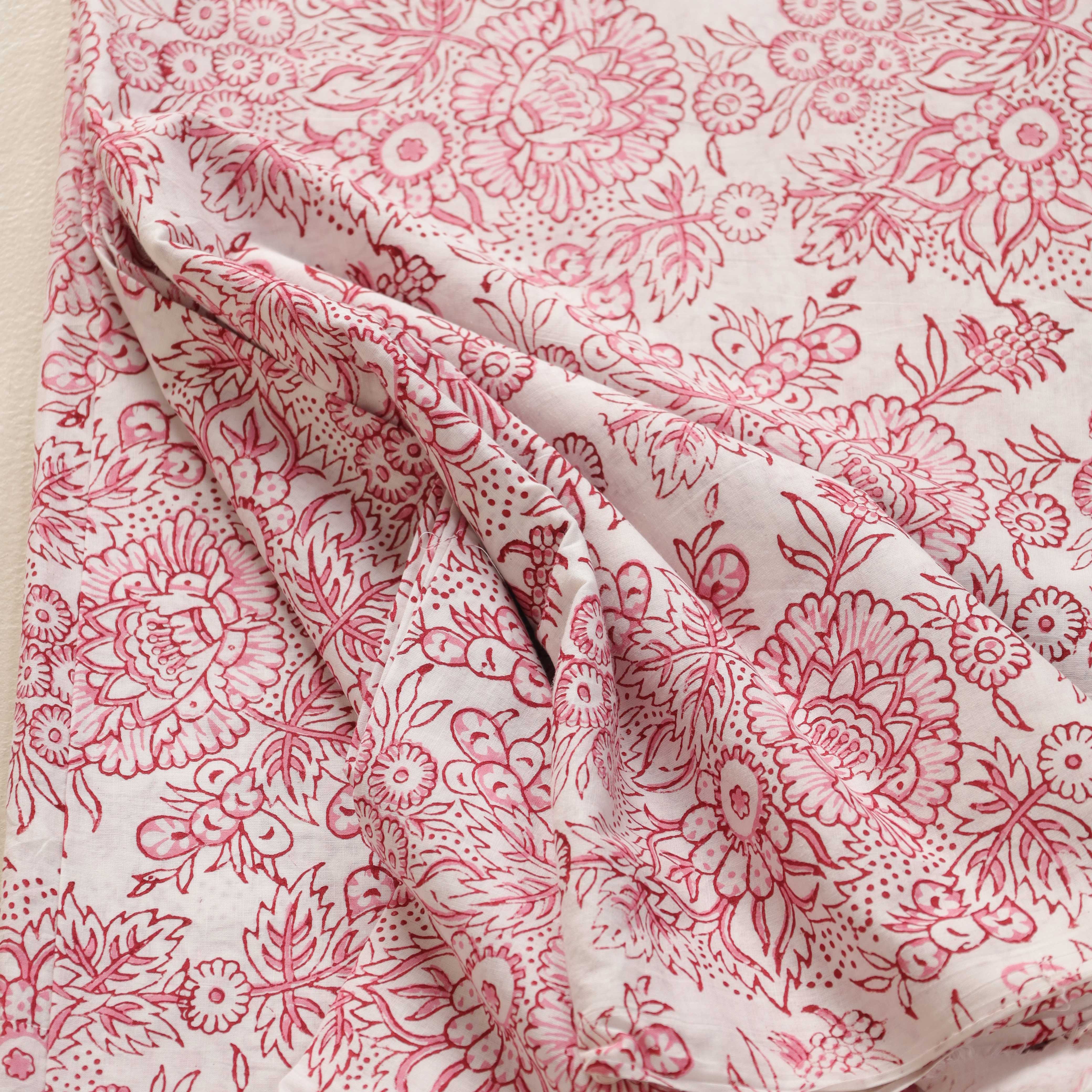 Artisan Hand Block Printed Cotton Fabric - Pink Floral Vine