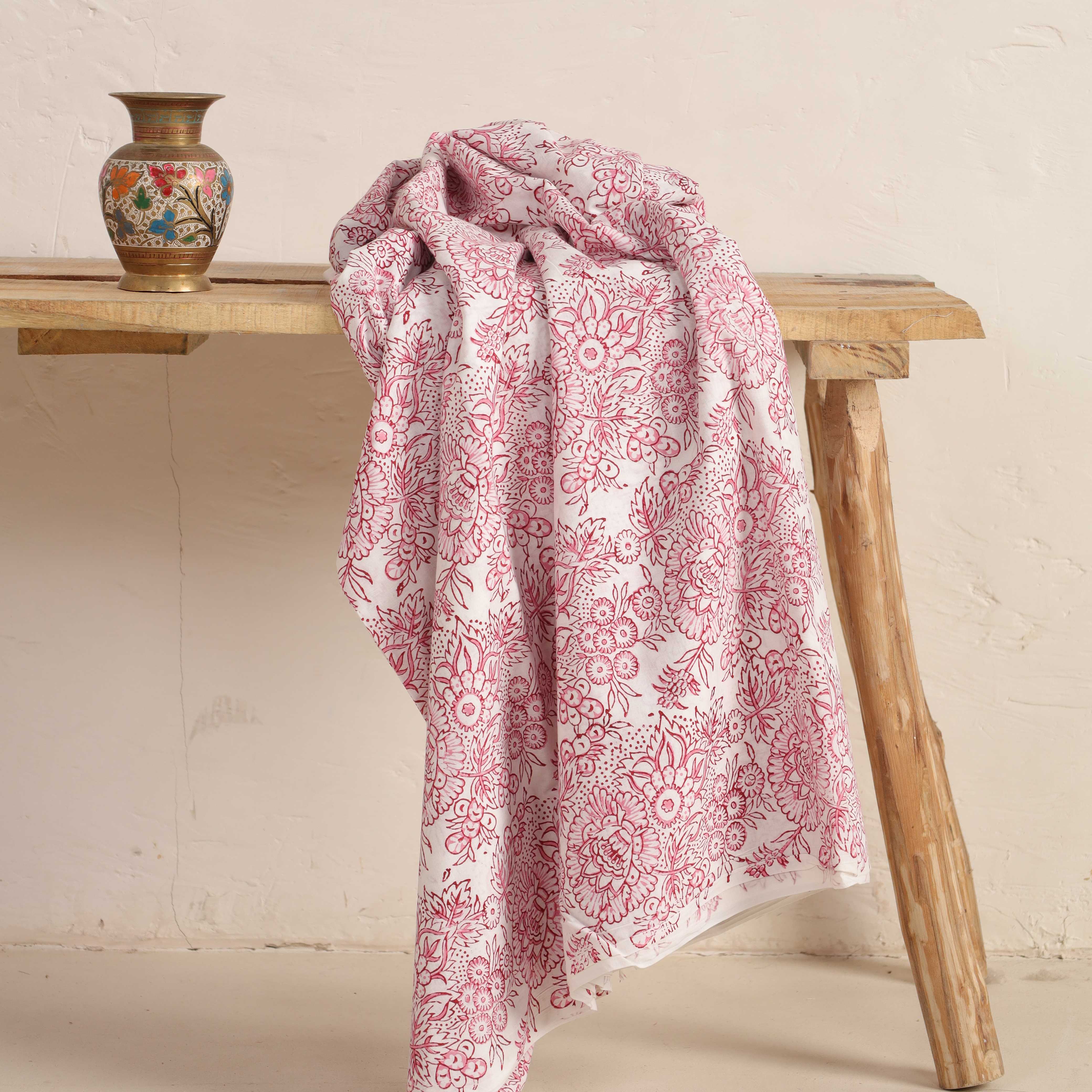Artisan Hand Block Printed Cotton Fabric - Pink Floral Vine