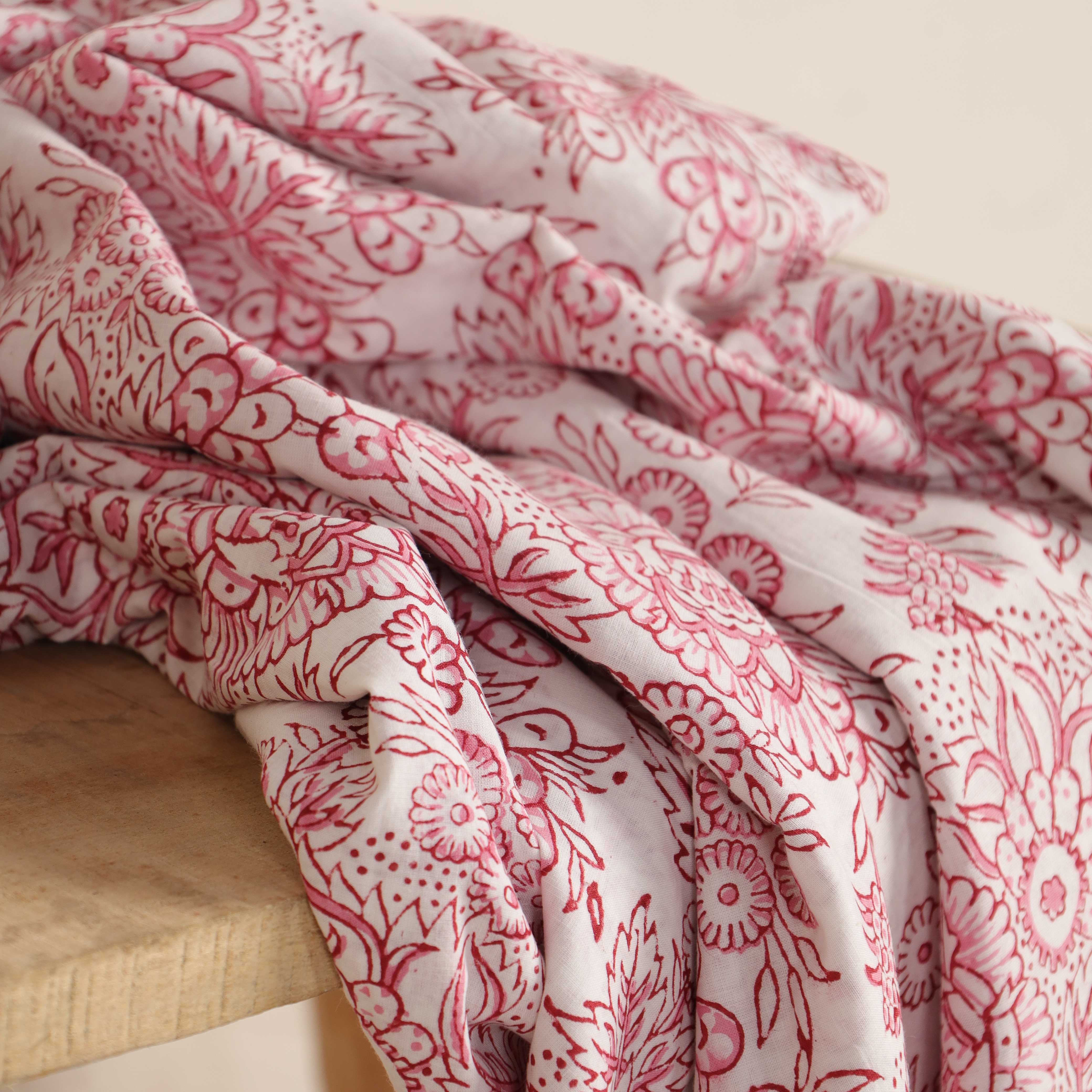 Artisan Hand Block Printed Cotton Fabric - Pink Floral Vine