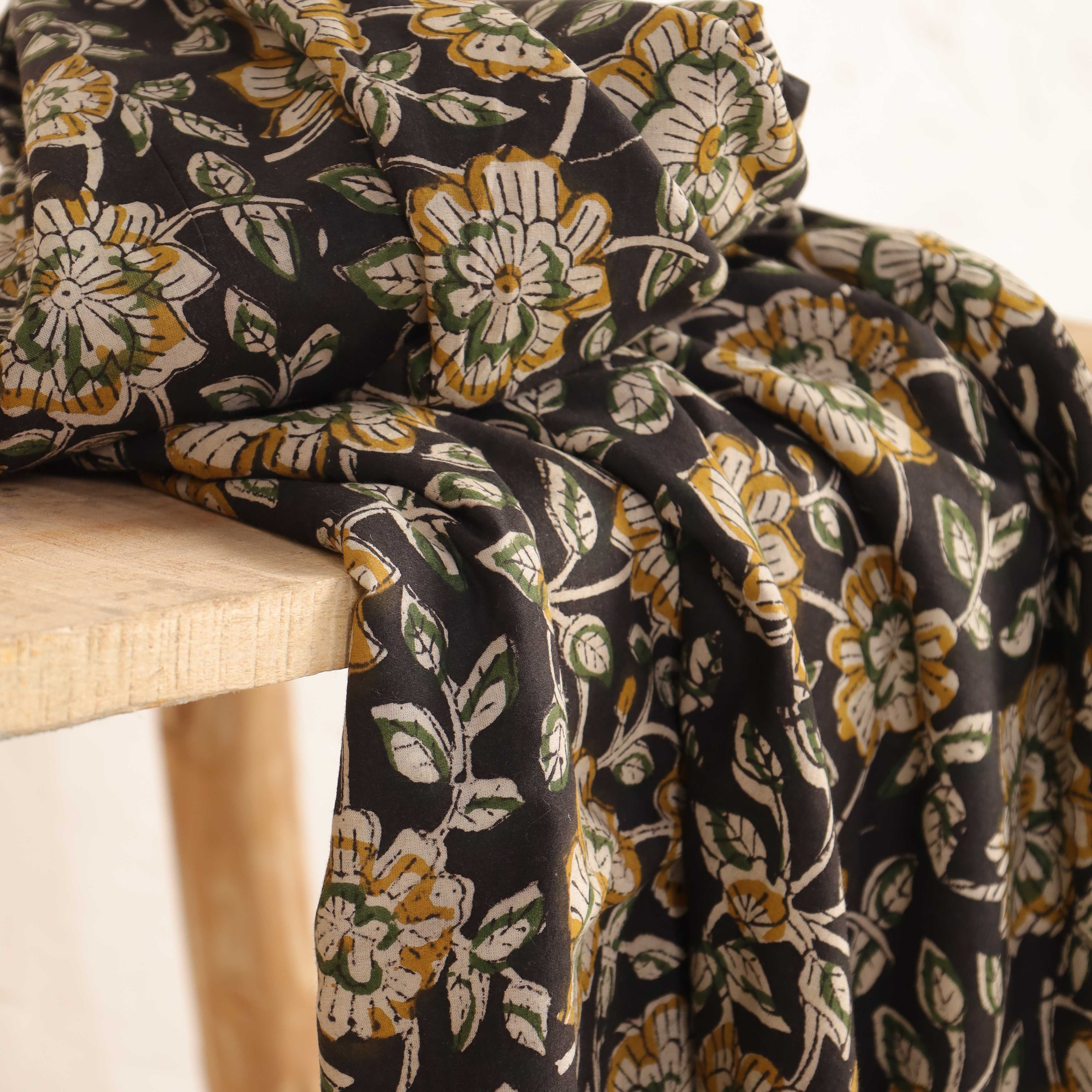 Hand Block Printed Cotton Fabric - Midnight Garden in Mustard & Sage